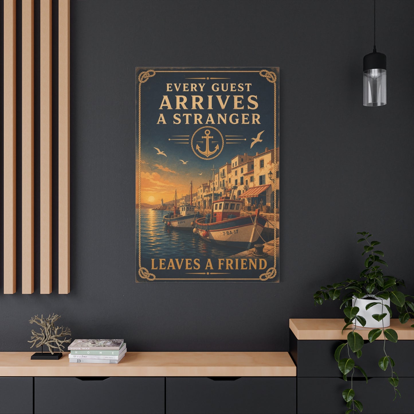 "Every Guest Arrives A Stranger Leaves A Friend" Nautical Canvas Wall Art - Vintage Harbor Sunset, Coastal Typography Print, Anchor Sailor Decor, Living Room Wall Decor - Bedroom Home Decoration