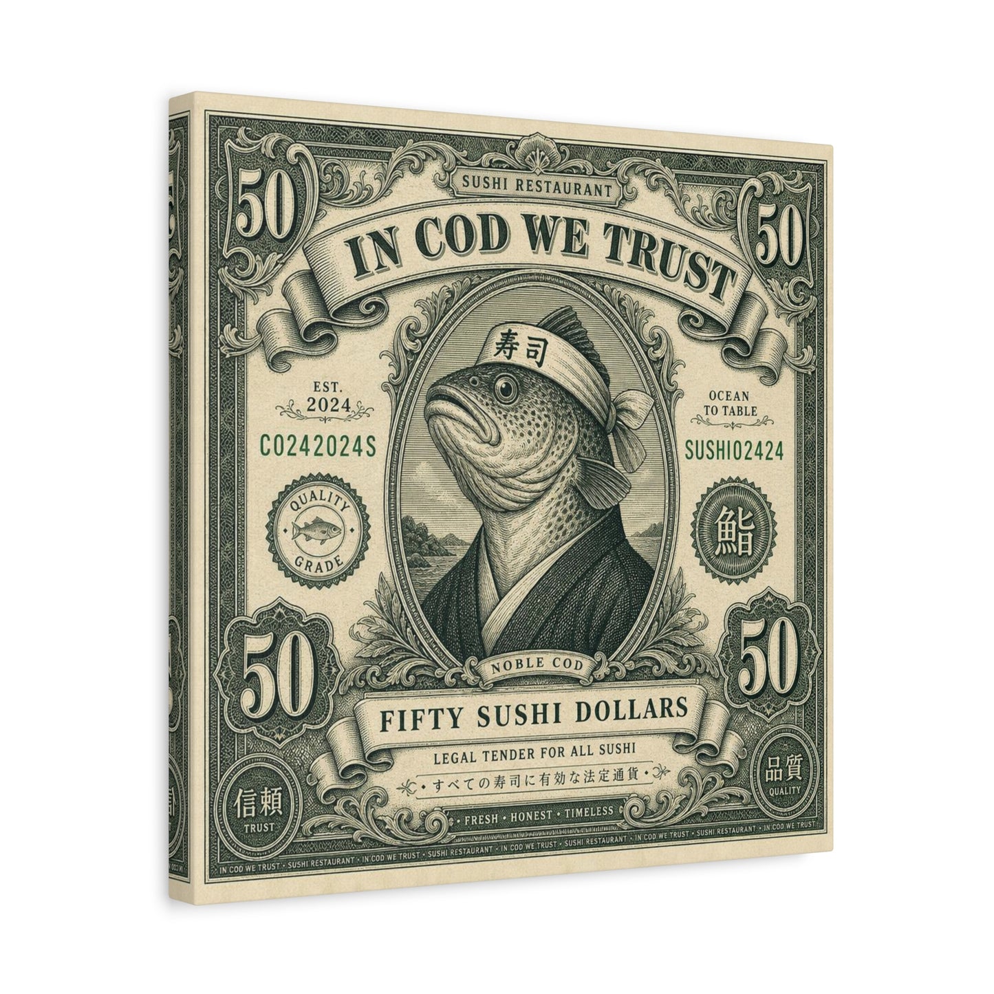 "In Cod We Trust" Sushi Restaurant Canvas Wall Art - Vintage Money Bill Fish Illustration, Typography Poster Style, Cotton Canvas Print, Cafe Decor, Dining Room Accent, Office Art - Ready to Hang