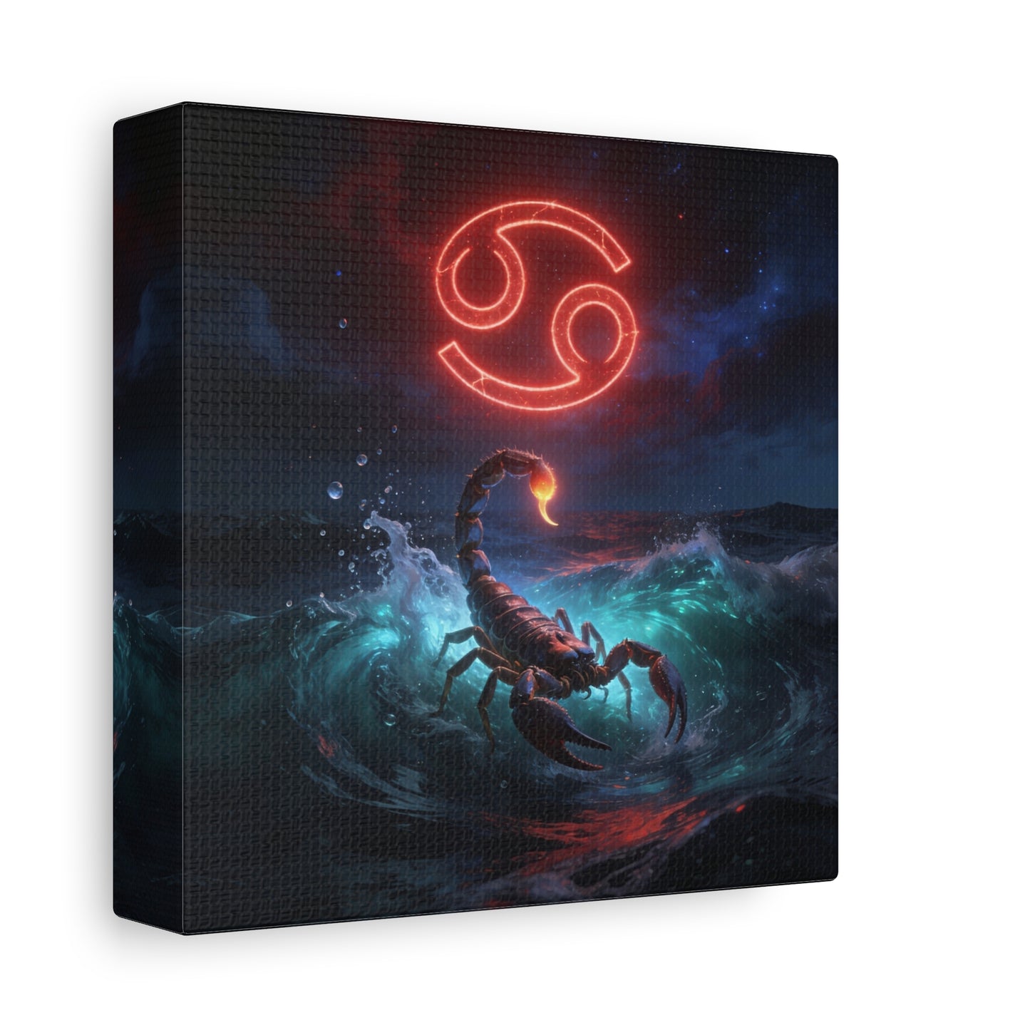 Cancer Zodiac Canvas Wall Art - Neon Crab Ocean Astrology Print, Celestial Night Seascape, Matte Canvas Decor, Bedroom Home Decoration, Living Room Wall Decor, Modern Space Style - Ready to Hang