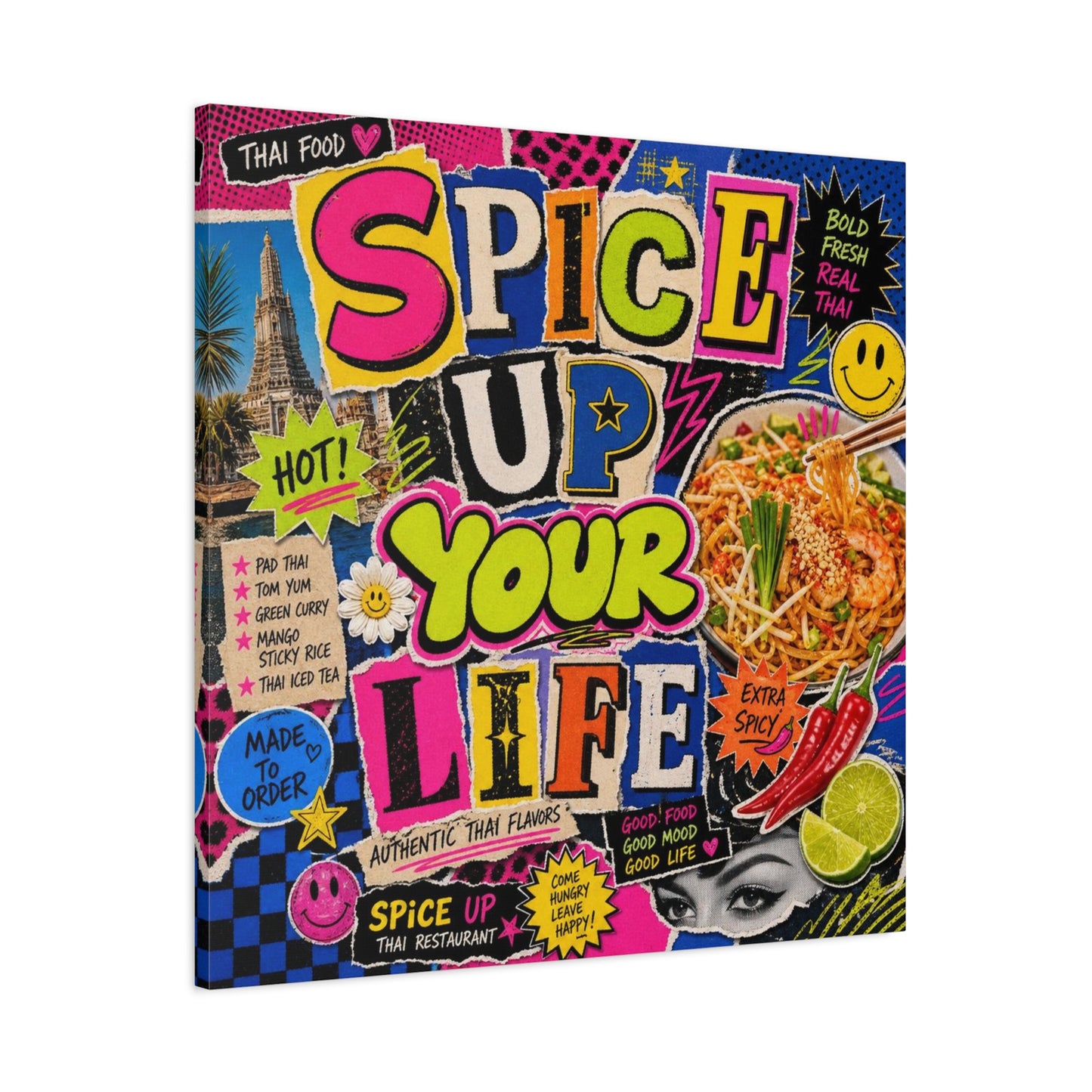 "Spice Up Your Life" Canvas Wall Art - Thai Food Pop Art Collage, Typography Print, Neon Color Street Poster Style, Cafe Decor, Dining Room Accent, Kitchen Wall Hanging, Contemporary - Ready to Hang