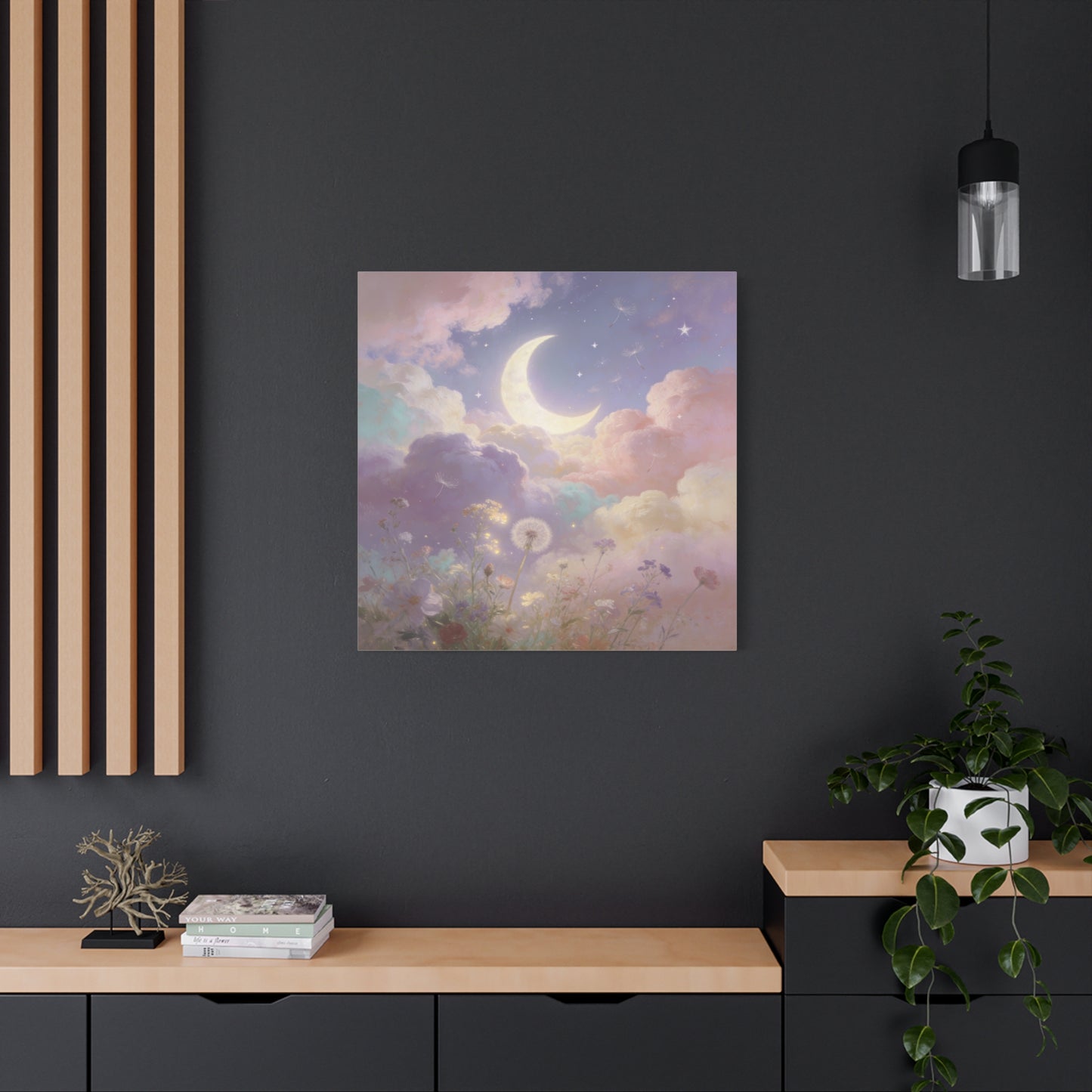 Crescent Moon Canvas Art Print - Dreamy Pastel Clouds, Dandelion Sky, Celestial Floral Scene - Cotton Matte Artwork - Lavender Nursery Accent, Bedroom Decoration, Meditation Space Decor