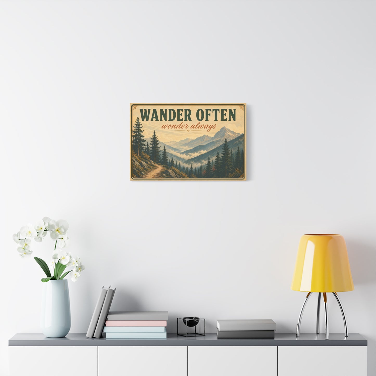"Wander Often Wonder Always" Mountain Canvas Wall Art - Vintage Forest Landscape Quote Decor, Rustic Matte Print, Cabin Style Living Room Wall Decor, Bedroom Home Decoration - Bedroom Home Decoration