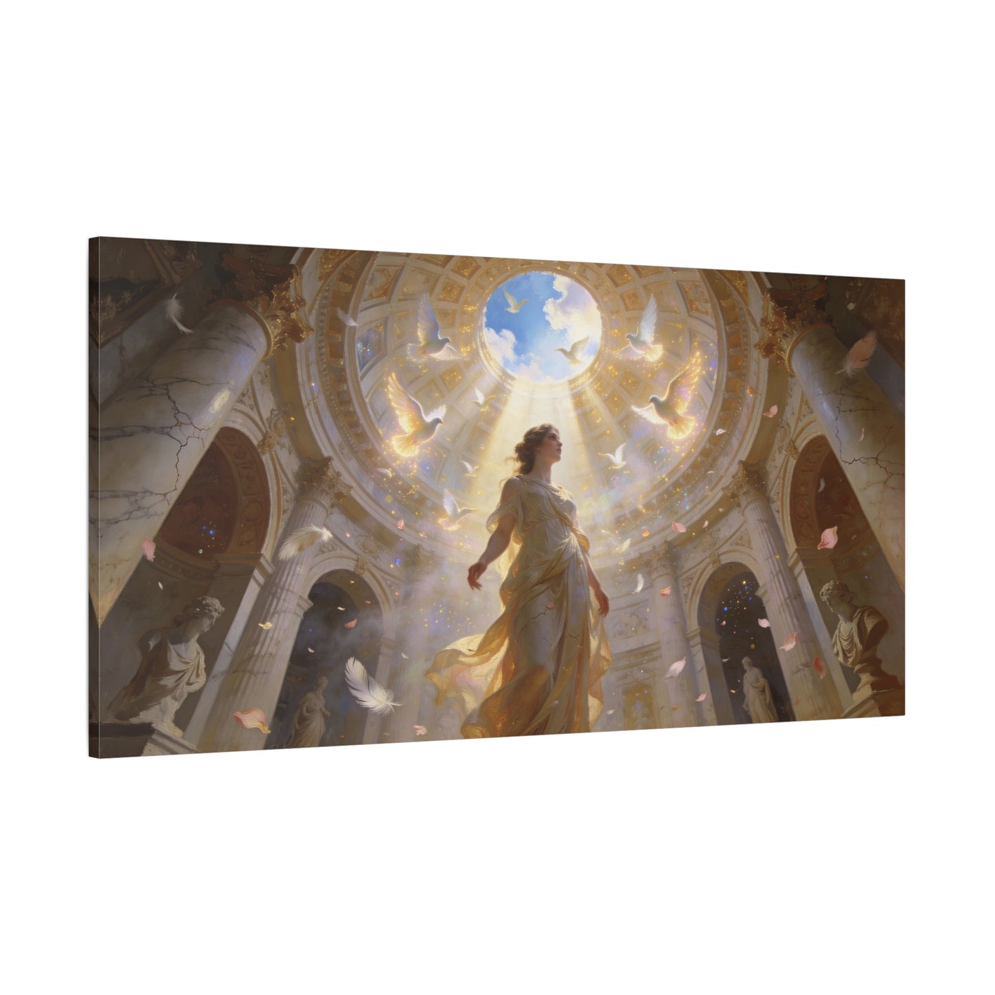 Virgin Mary Canvas Wall Art - Heavenly Doves, Cathedral Dome Light - Matte Cotton Art Print - Traditional Religious Style - Bedroom Wall Decor, Meditation Space Accent - Bedroom Home Decoration