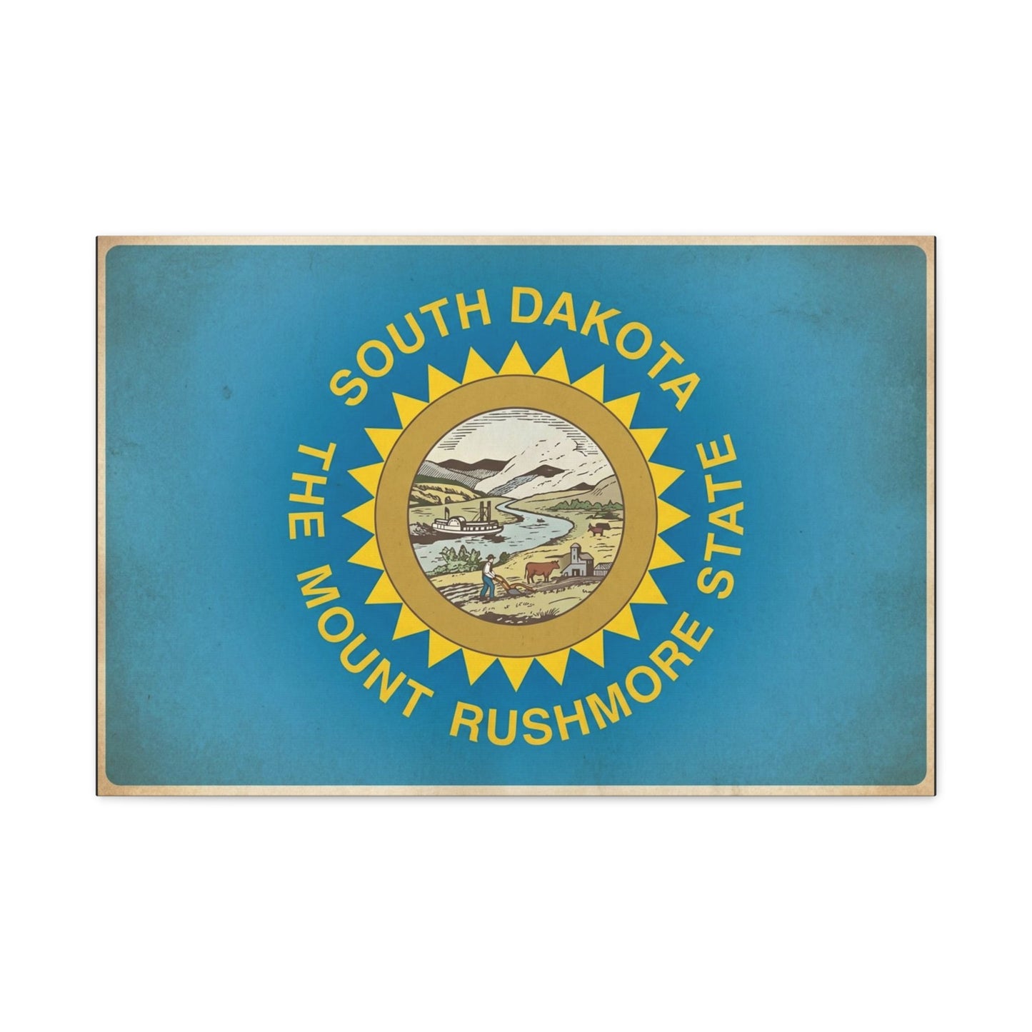 "South Dakota The Mount Rushmore State" Flag Canvas Wall Art - Vintage State Pride Decor, Blue Banner Print, Rustic Americana Style, Living Room Wall Decor, Office Art - Bedroom Home Decoration