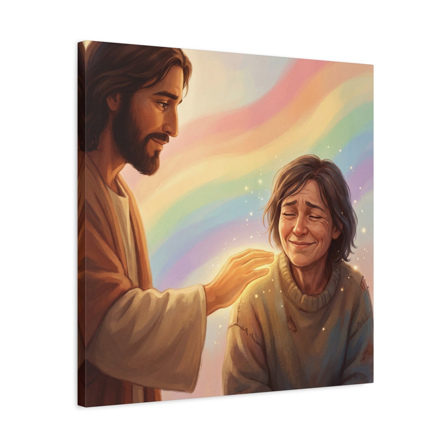 Jesus Christ Comforting Woman Canvas Wall Art - Rainbow Christian Wall Decor, Faith Home Decoration - Matte Canvas Print, Inspirational Religious Artwork - Living Room Bedroom Office - Ready to Hang