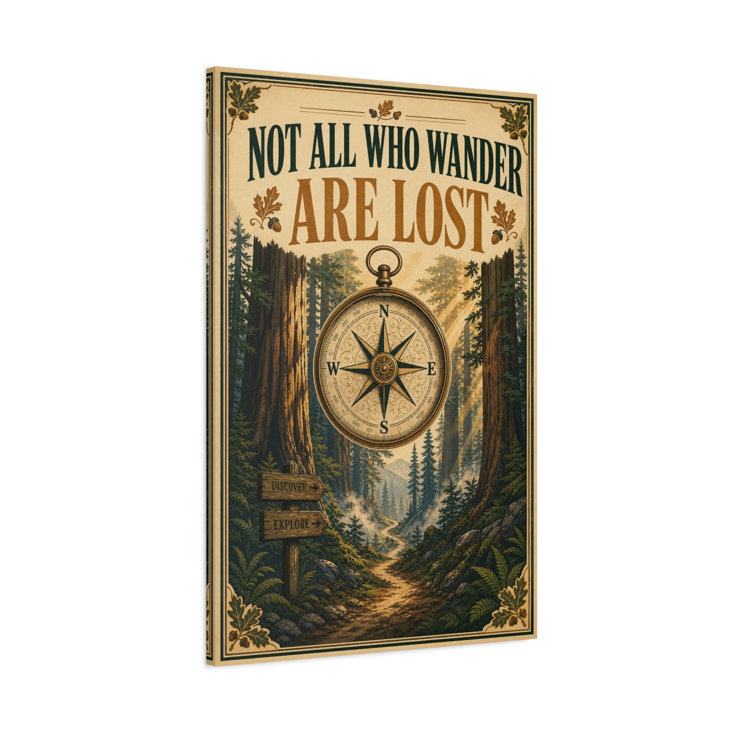 "Not All Who Wander Are Lost" Canvas Wall Art - Forest Compass Quote Print, Vintage Rustic Adventure Decor, Wanderlust Typography Poster Style, Living Room Bedroom Office - Living Room Wall Decor