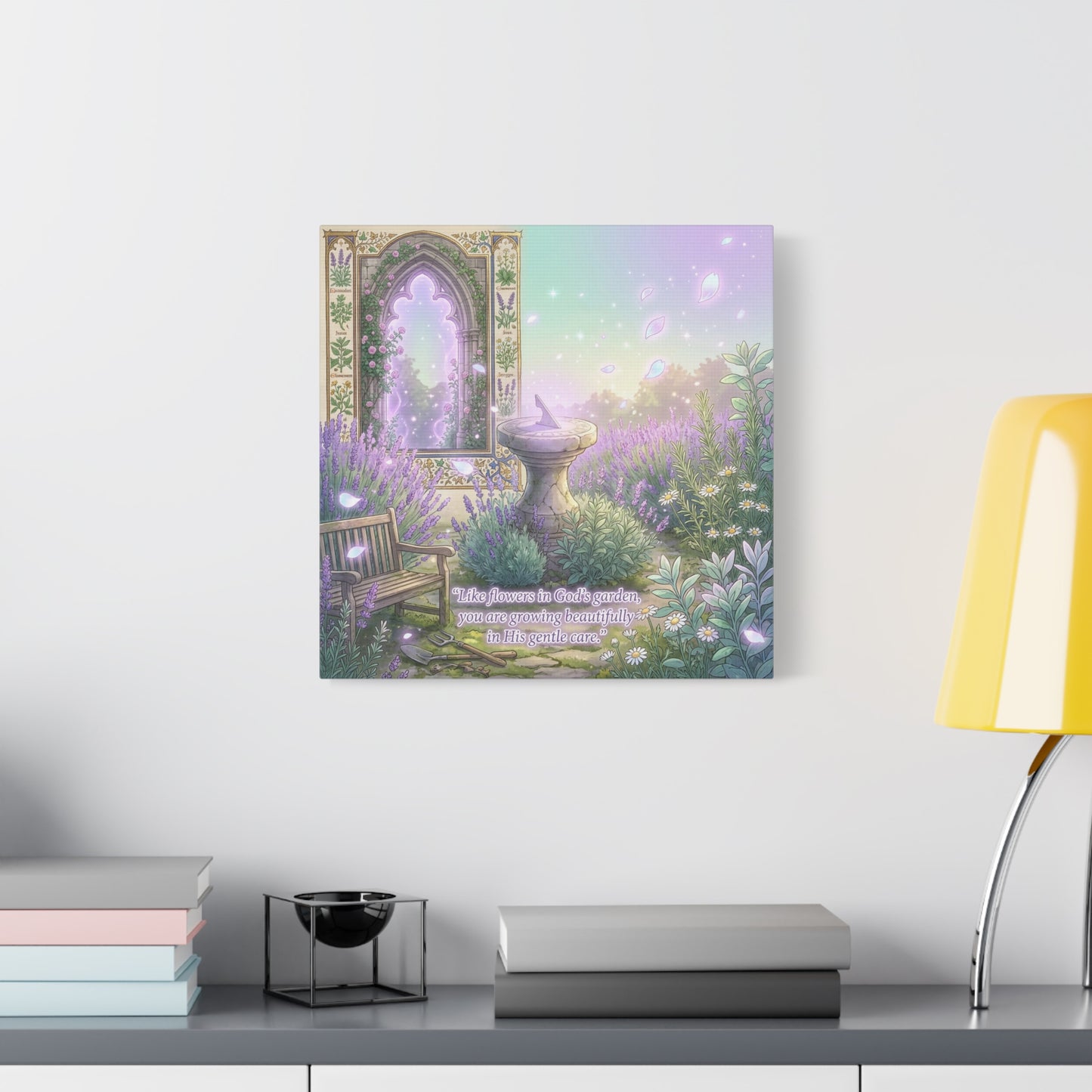 "Like Flowers In God's Garden, You Are Growing Beautifully In His Gentle Care" Canvas Wall Art - Lavender Garden Arch, Sundial Bench - Pastel Botanical Decor For Bedroom Living Room - Office Wall Art