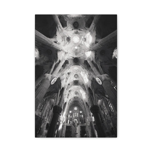 Sagrada Familia Cathedral Interior Canvas Wall Art - Black And White Architectural Art Print, Gothic Ceiling Columns, Contemporary Wall Decor For Living Room Office - Bedroom Home Decoration