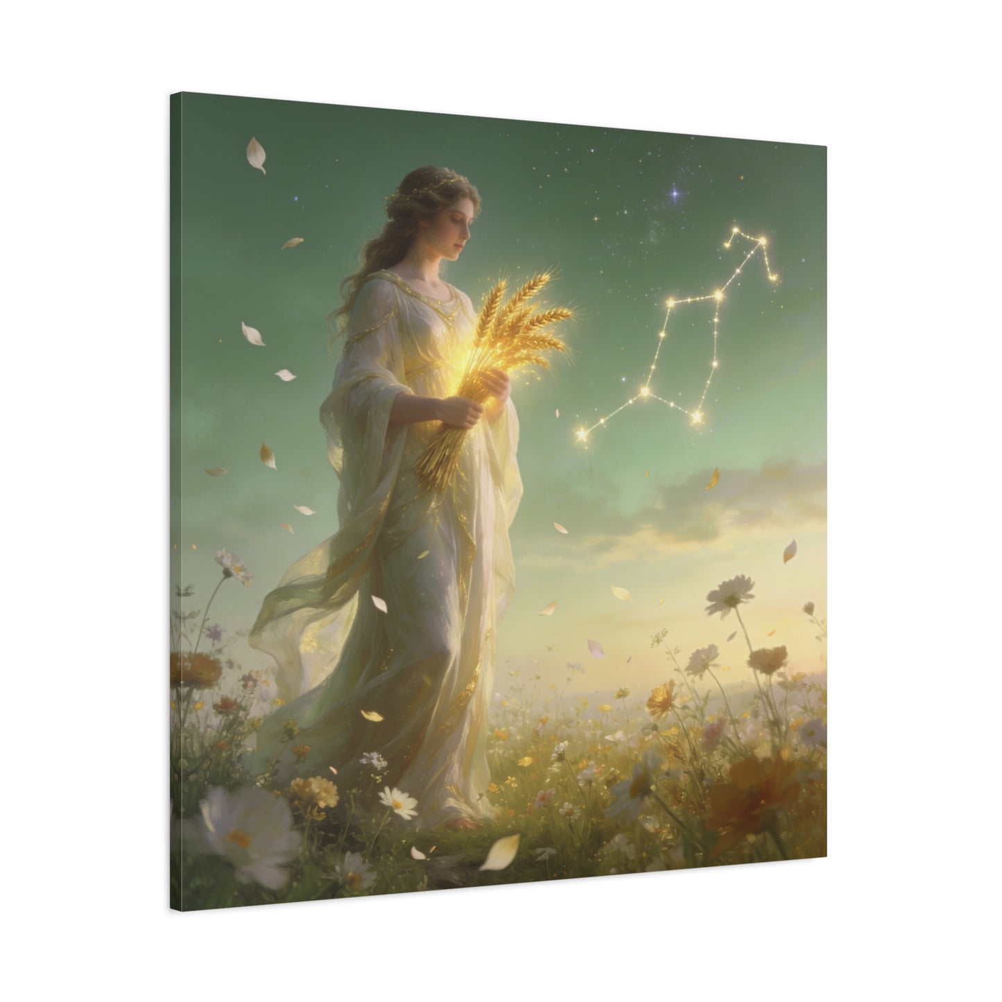 Virgo Maiden Canvas Wall Art - Celestial Wheat Goddess Illustration, Luminous Zodiac Sky, Matte Cotton Print, Bohemian Bedroom Decor, Meditation Space Accent, Ready To Hang - Living Room Wall Decor