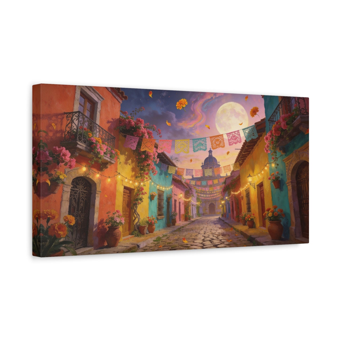 Moonlit Colorful Colonial Street Canvas Wall Art - Papel Picado, Marigolds, Full Moon - Dreamy Matte Canvas Print - Living Room Wall Decor, Bedroom Home Decoration - Bedroom Home Decoration