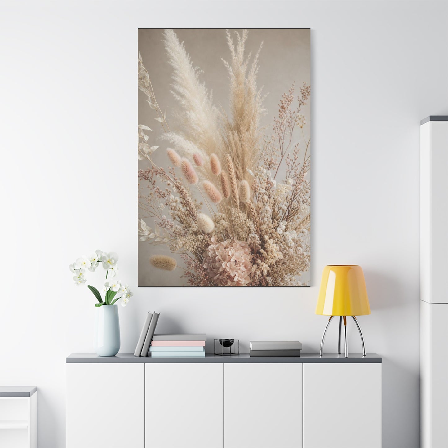 Dried Pampas Grass Floral Canvas Wall Art - Neutral Botanical Bouquet, Blush Bunny Tail Stems, Cotton Canvas Print - Bohemian Farmhouse Style - Bedroom Wall Decor, Spa Accent - Bedroom Home Decoration