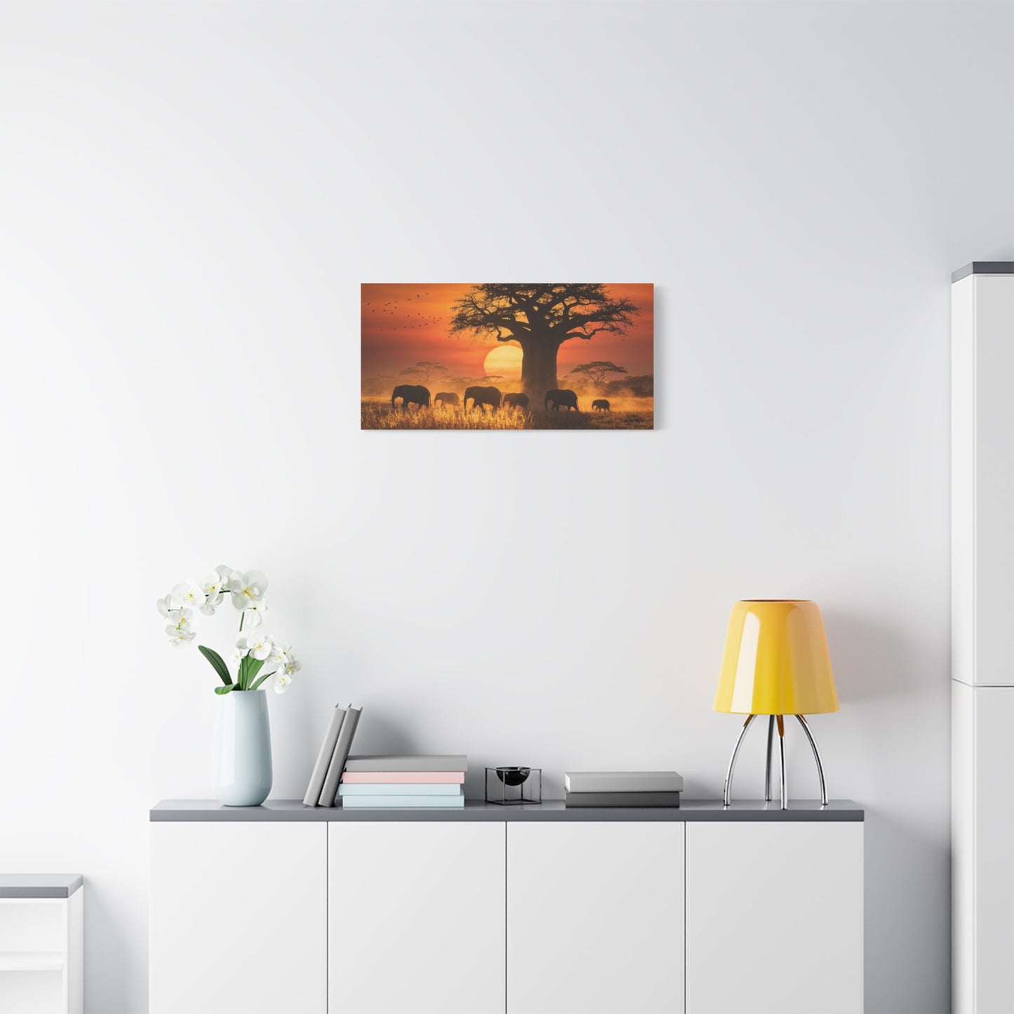 African Elephant Sunset Canvas Wall Art - Baobab Tree Safari Scene, Golden Savanna Wildlife Print - Matte Cotton Canvas, Rustic Contemporary Style - Living Room Wall Decor - Bedroom Home Decoration
