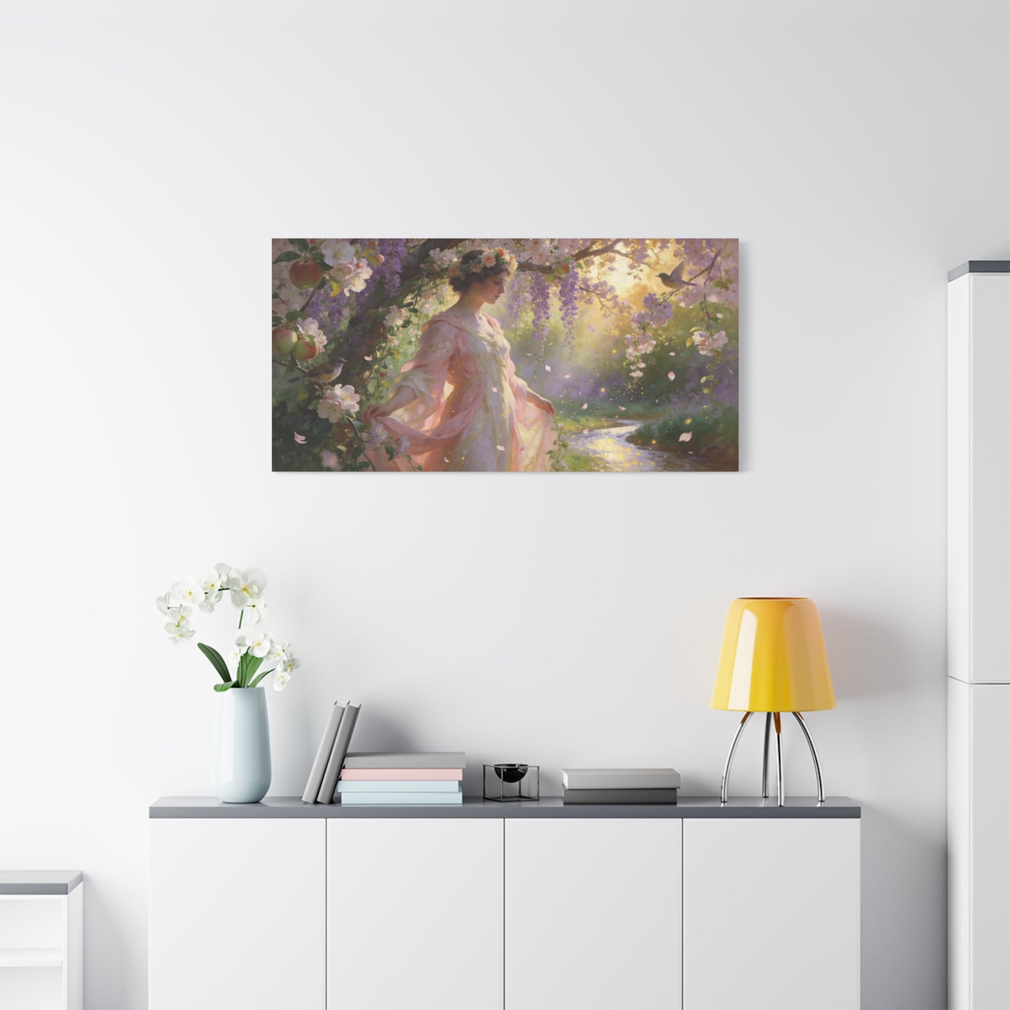 Romantic Garden Maiden Canvas Wall Art - Floral Orchard Figure, Wisteria Blossoms, Songbirds - Impressionist Cotton Canvas Print - Vintage Style Living Room Wall Decor Bedroom Accent - Ready to Hang