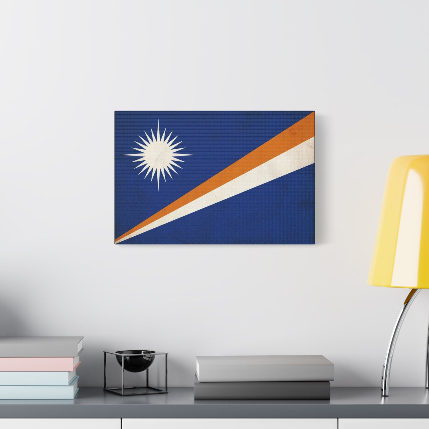 Marshall Islands Flag Canvas Wall Art - Blue Field, White Starburst, Orange Stripe - Vintage Patriotic Print - Coastal Island Decor For Living Room, Office Wall Display Accent - Modern Farmhouse Style