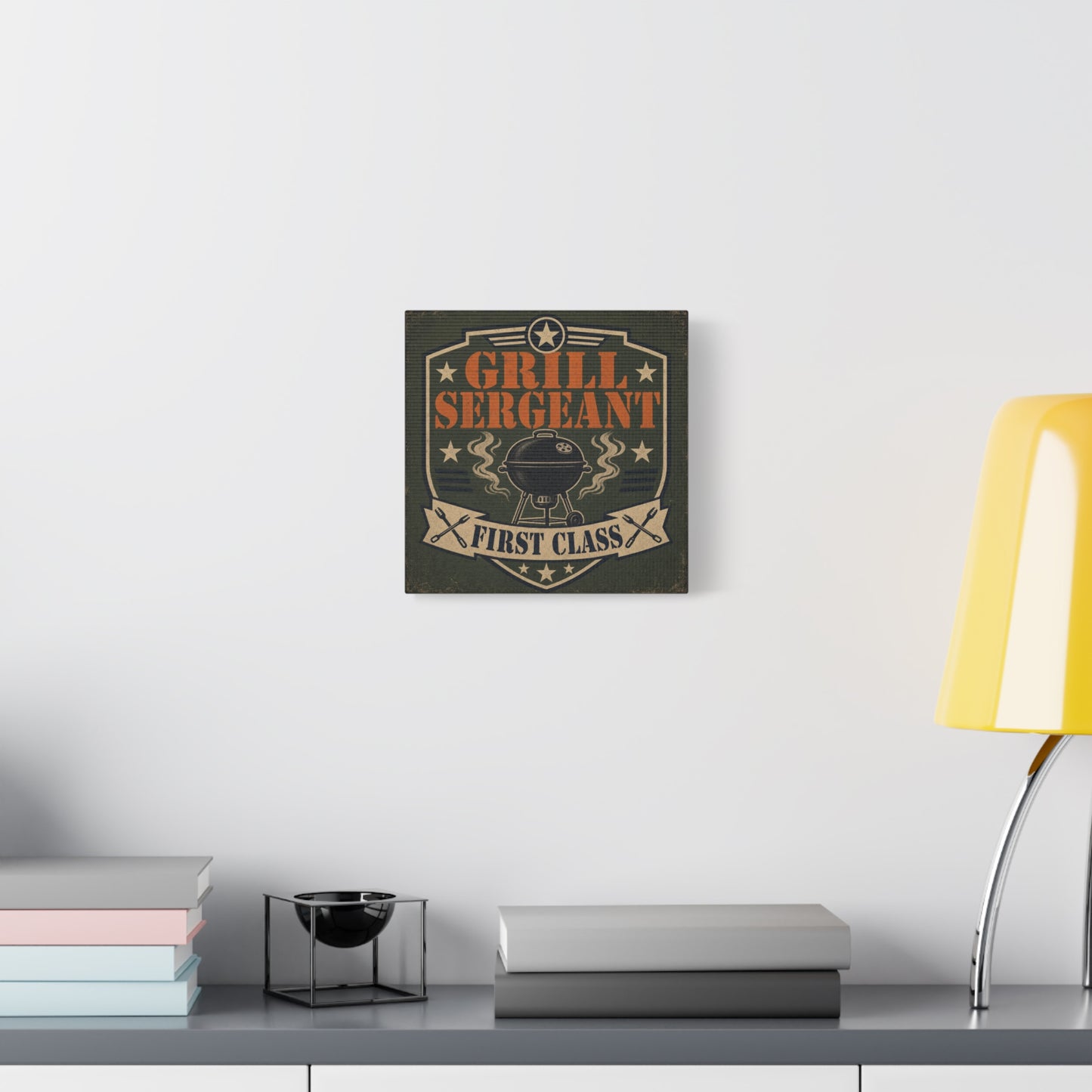 "Grill Sergeant First Class" BBQ Canvas Wall Art - Vintage Grill Badge Sign, Rustic Patriotic Kitchen Decor, Retro Barbecue Poster Style, Man Cave Wall Decor - Ready to Hang - Bedroom Home Decoration