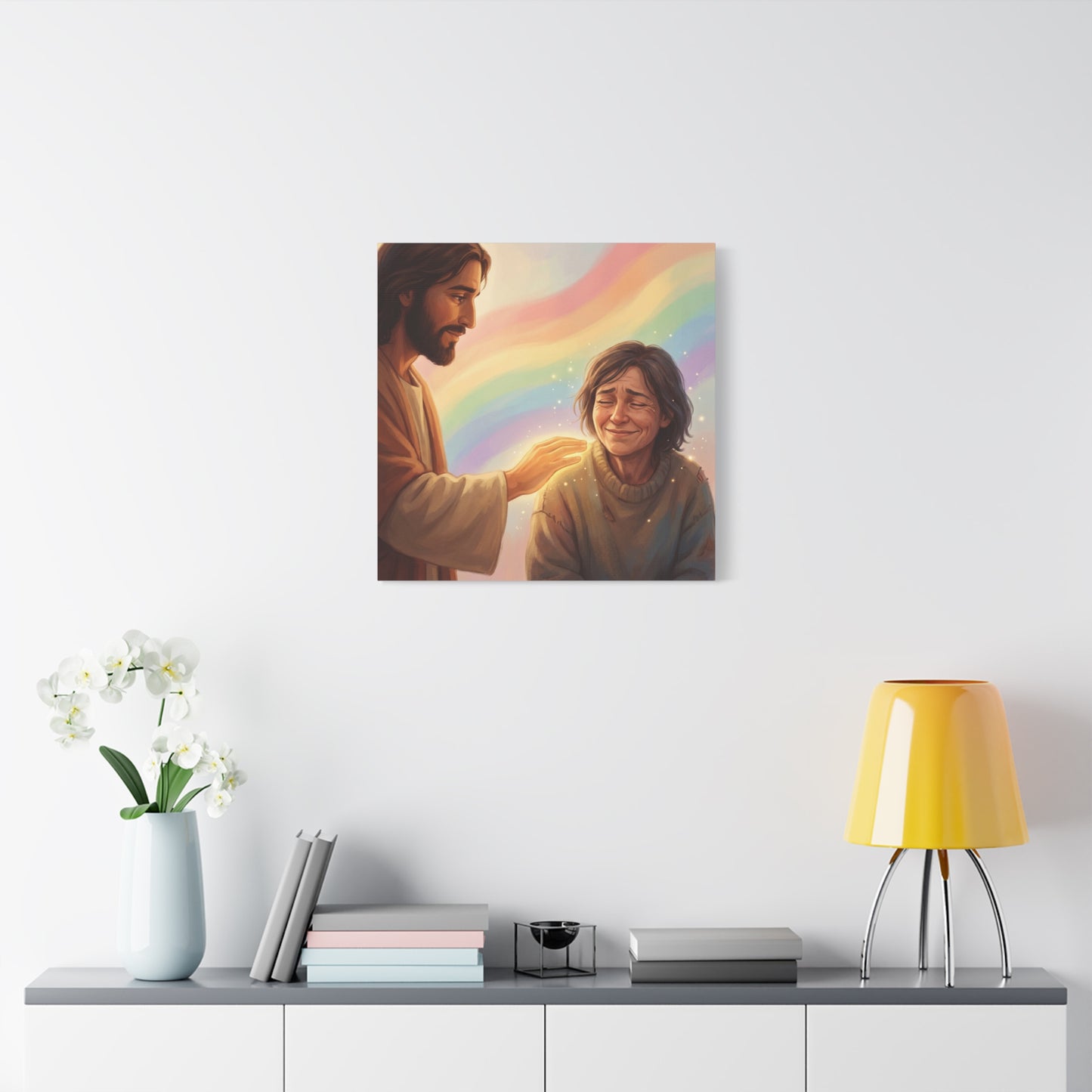 Jesus Christ Comforting Woman Canvas Wall Art - Rainbow Christian Wall Decor, Faith Home Decoration - Matte Canvas Print, Inspirational Religious Artwork - Living Room Bedroom Office - Ready to Hang