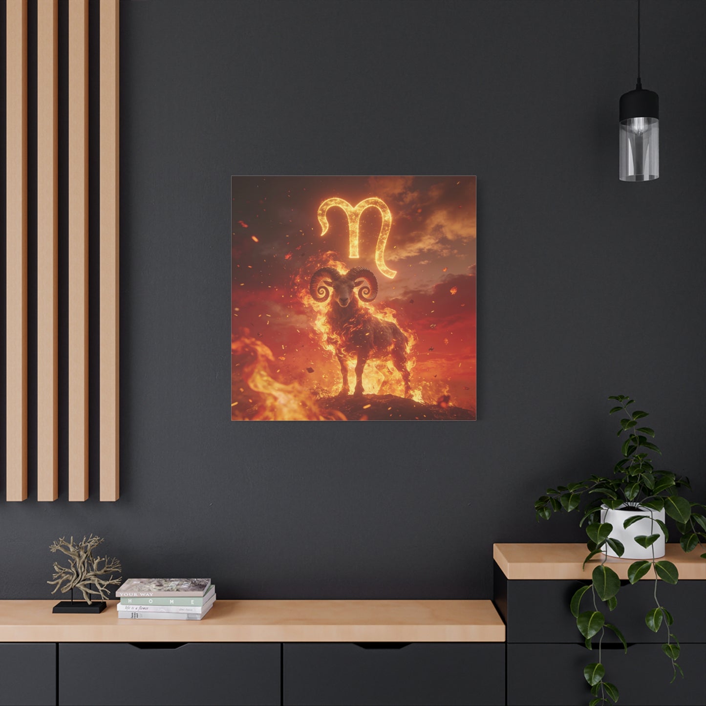 Aries Ram Canvas Wall Art - Fiery Zodiac Symbol Astrology Print, Glowing Horned Sheep Illustration - Matte Canvas Decor - Bedroom Home Decoration, Office Wall Art - Bedroom Home Decoration