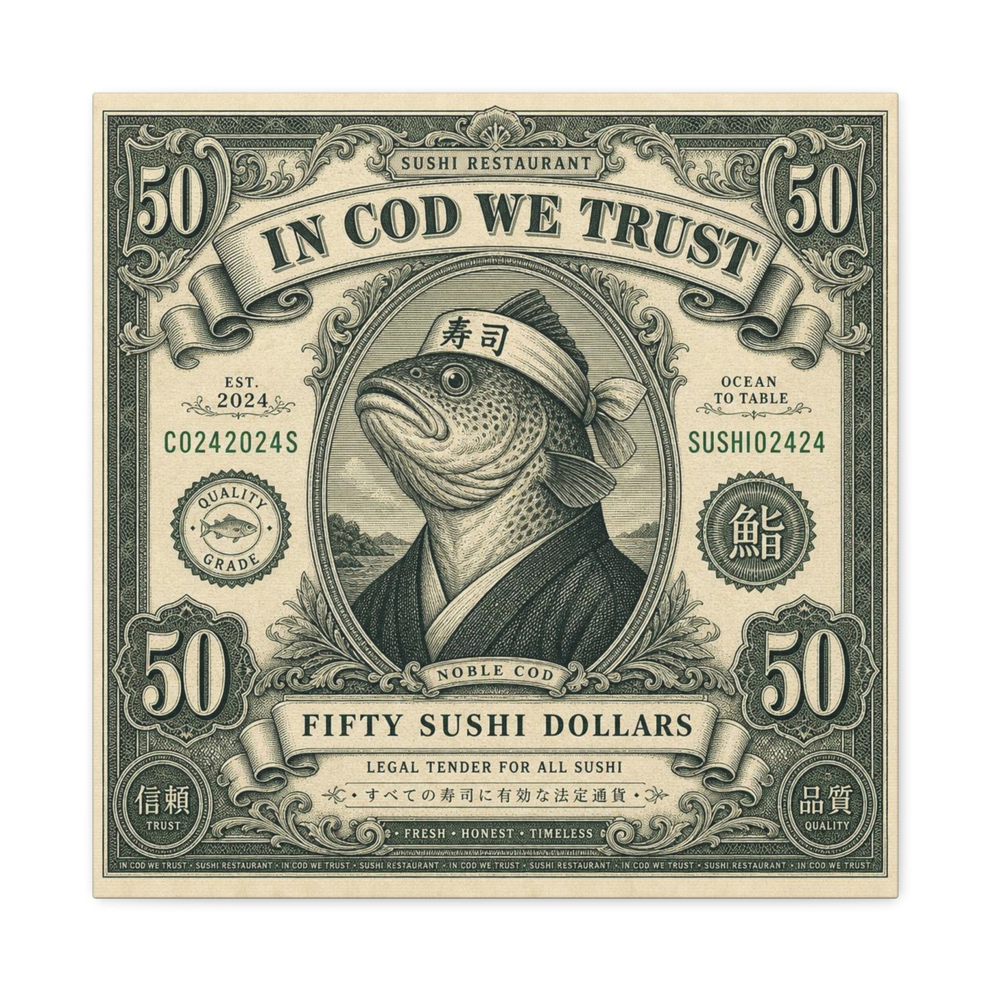 "In Cod We Trust" Sushi Restaurant Canvas Wall Art - Vintage Money Bill Fish Illustration, Typography Poster Style, Cotton Canvas Print, Cafe Decor, Dining Room Accent, Office Art - Ready to Hang
