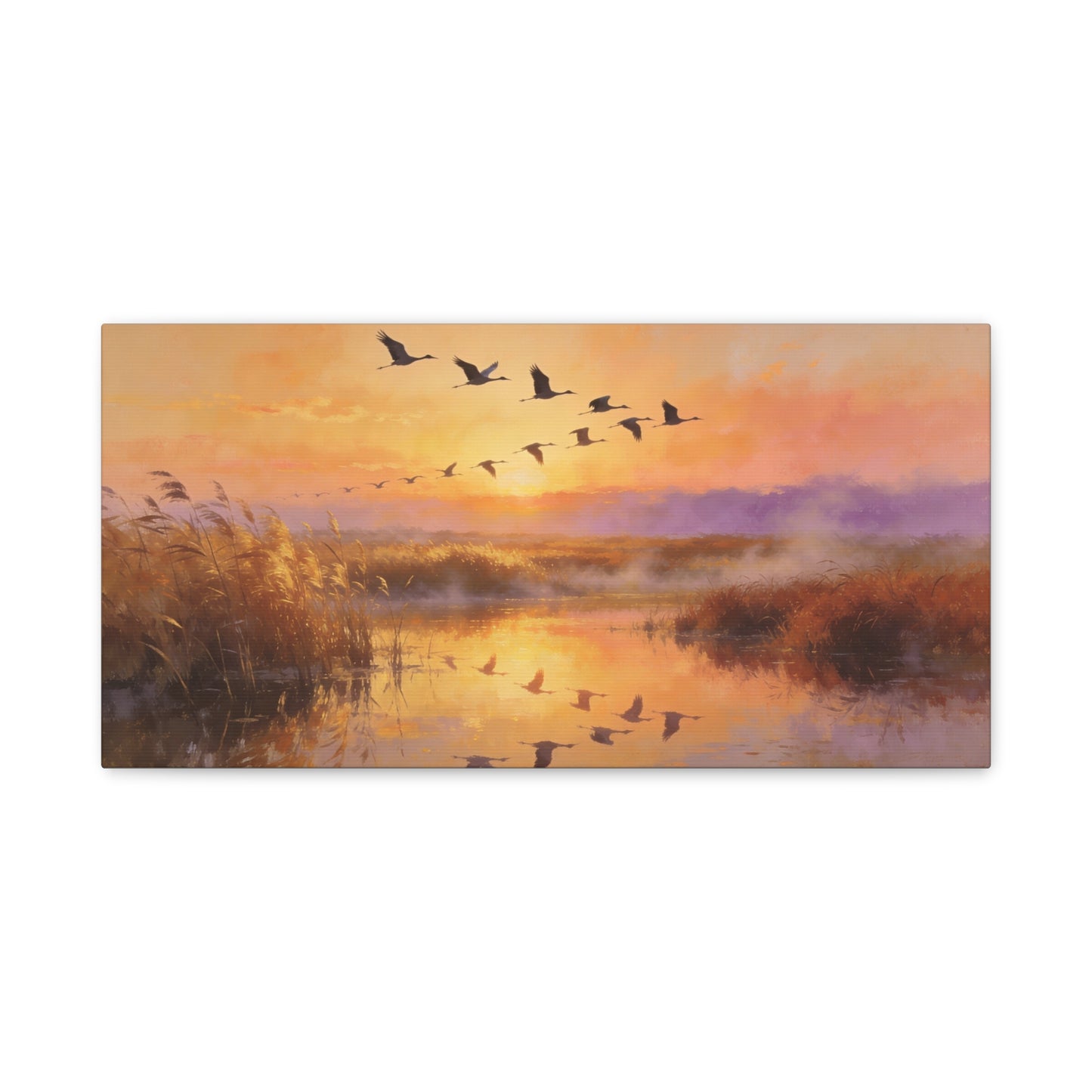 Flying Cranes Sunset Canvas Wall Art - Marsh Landscape Bird Painting, Golden Reeds Reflection, Matte Canvas Print - Traditional Style - Living Room Wall Decor Bedroom Decoration - Ready to Hang