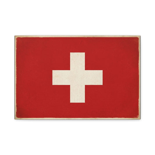 Swiss Flag Canvas Wall Art - Vintage Red White Cross Print, Patriotic Minimalist Decor - Rustic Travel Style - Living Room Wall Decor, Office Art - Bedroom Home Decoration - Bedroom Home Decoration