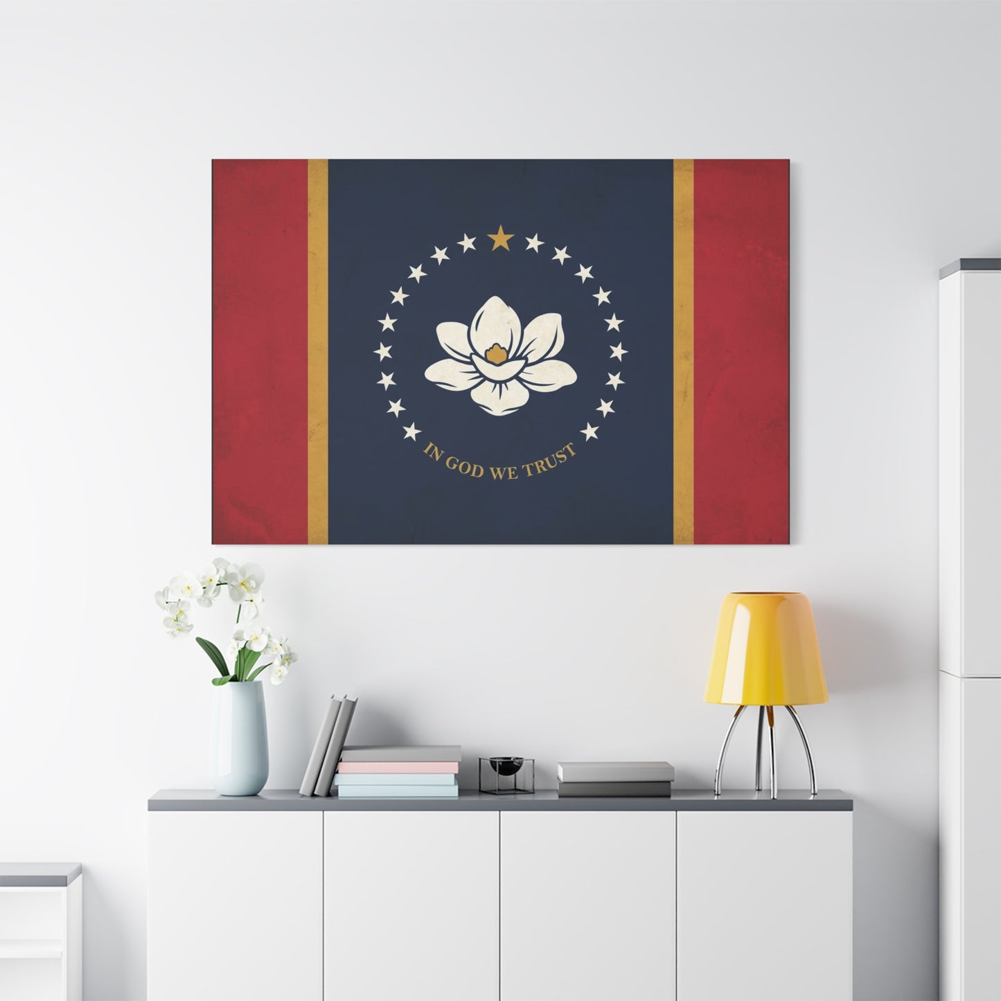 "In God We Trust" Mississippi State Flag Canvas Wall Art - Magnolia Emblem, Vintage Patriotic Decor - Rustic Americana Style - Living Room Wall Decor - Ready to Hang - Bedroom Home Decoration