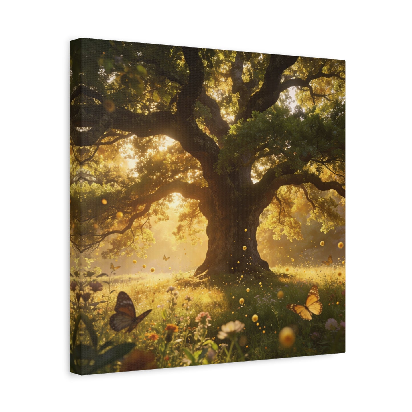 Sunlit Oak Tree Canvas Wall Art - Golden Meadow Butterflies, Nature Landscape Print - Matte Cotton Art Print, Traditional Style - Living Room Wall Decor, Bedroom Home Decoration - Ready to Hang