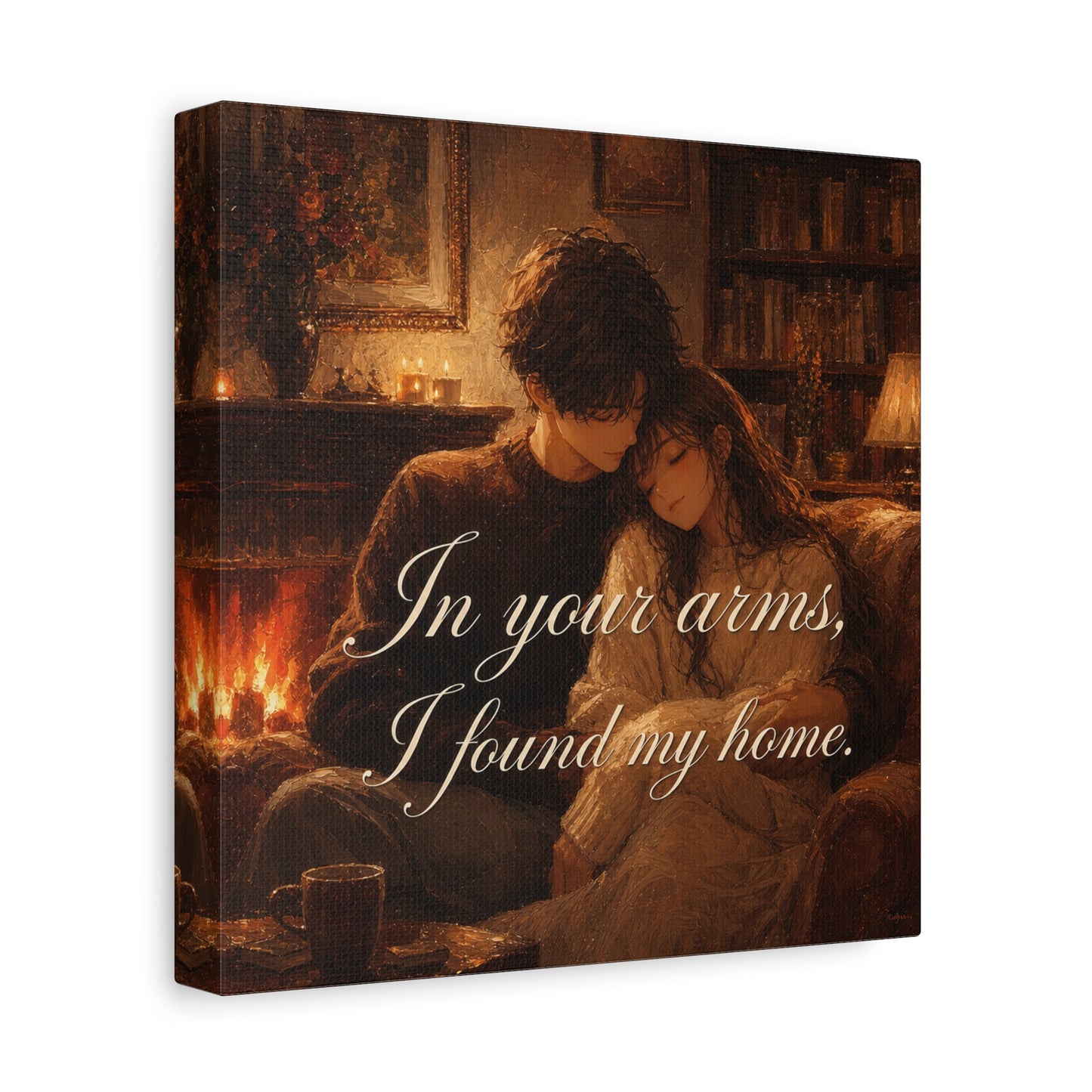 "In Your Arms, I Found My Home" Romantic Couple Canvas Wall Art - Cozy Fireplace Library Scene, Warm Vintage Style - Bedroom Home Decoration, Living Room Accent - Ready to Hang - Office Wall Art
