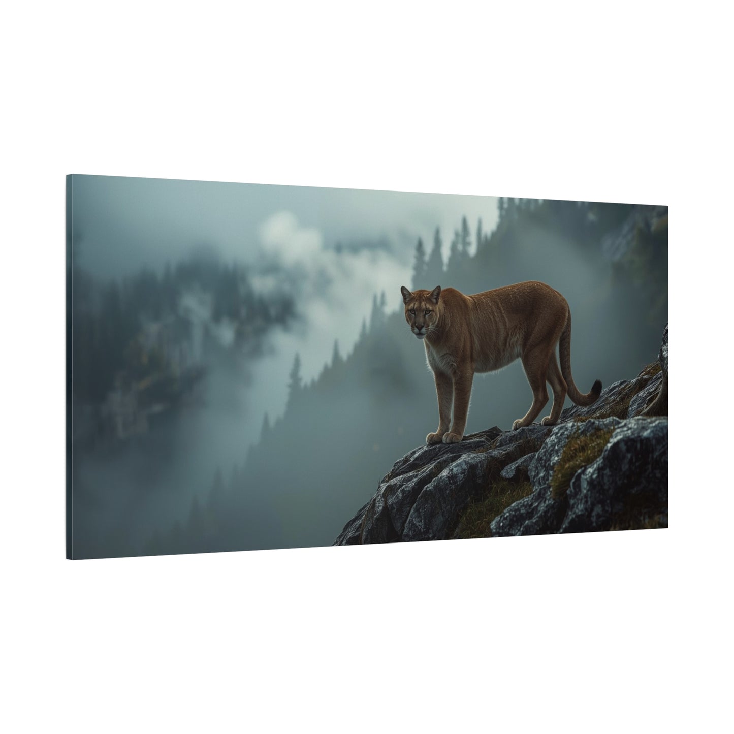 Mountain Lion Canvas Wall Art - Misty Forest Wildlife Landscape, Matte Canvas Print - Moody Contemporary Nature Decor - Living Room Wall Decor, Office Art, Rustic Lodge Accent - Modern Farmhouse Style