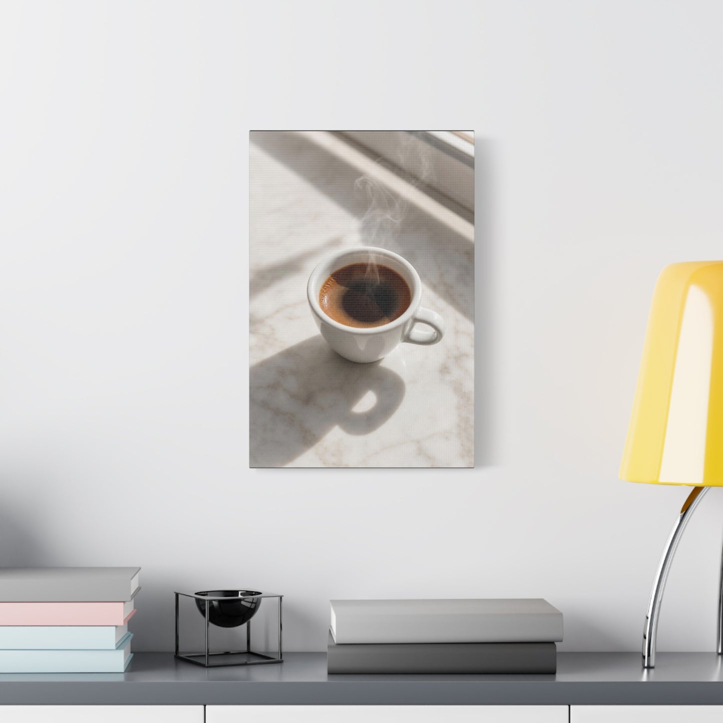 Steaming Espresso Coffee Cup Canvas Wall Art - Minimalist Sunlit Art Print, Matte Cotton Print - Contemporary Kitchen Decor, Dining Room Accent, Cafe Wall Decor, Office Art - Bedroom Home Decoration