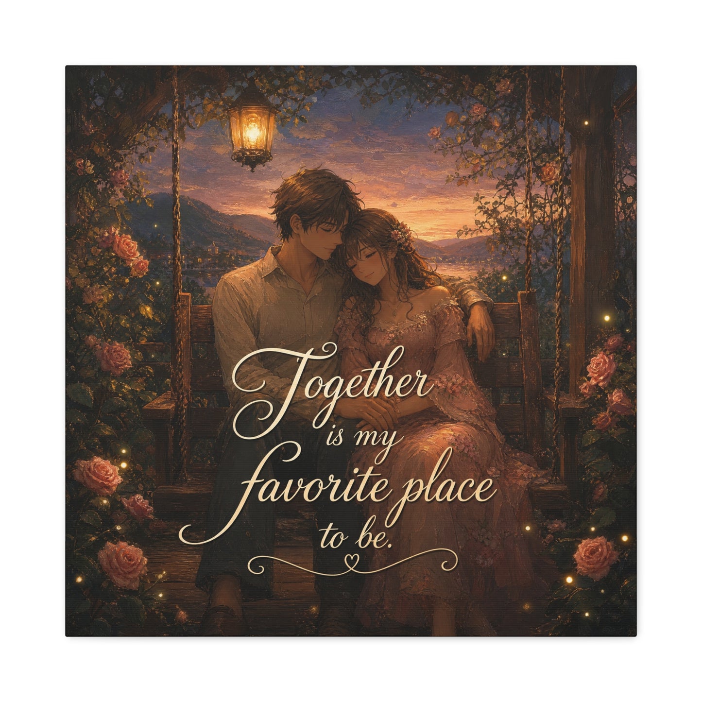 "Together Is My Favorite Place To Be" Romantic Couple Canvas Wall Art - Lantern Swing Sunset Lake Scene, Floral Garden Love Quote Print - Vintage Bedroom Decor - Office Wall Art - Ready to Hang