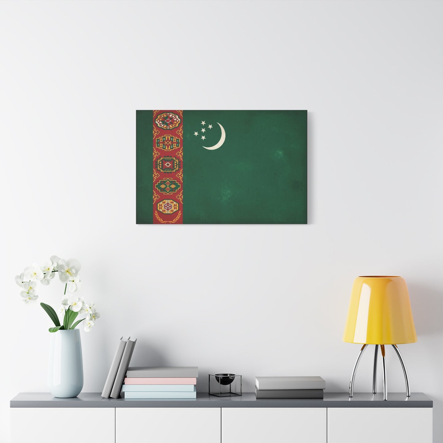 Turkmenistan Flag Canvas Wall Art - Vintage Nation Banner Print, Green Crescent Stars, Heritage Decor - Traditional Style - Living Room Wall Decor, Bedroom Home Decoration - Bedroom Home Decoration