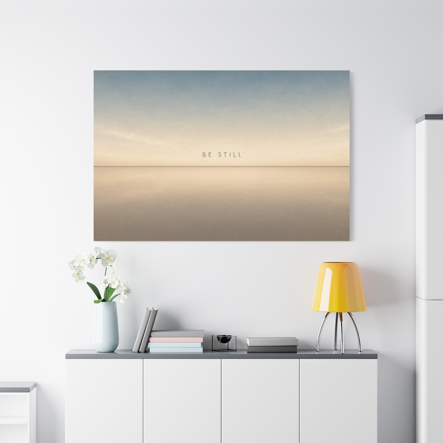 "Be Still" Minimalist Canvas Wall Art - Serene Horizon Typography Print, Neutral Blue Beige Coastal Style - Bedroom Wall Decor, Meditation Space Home Decoration - Ready to Hang - Cozy Reading Nook Art