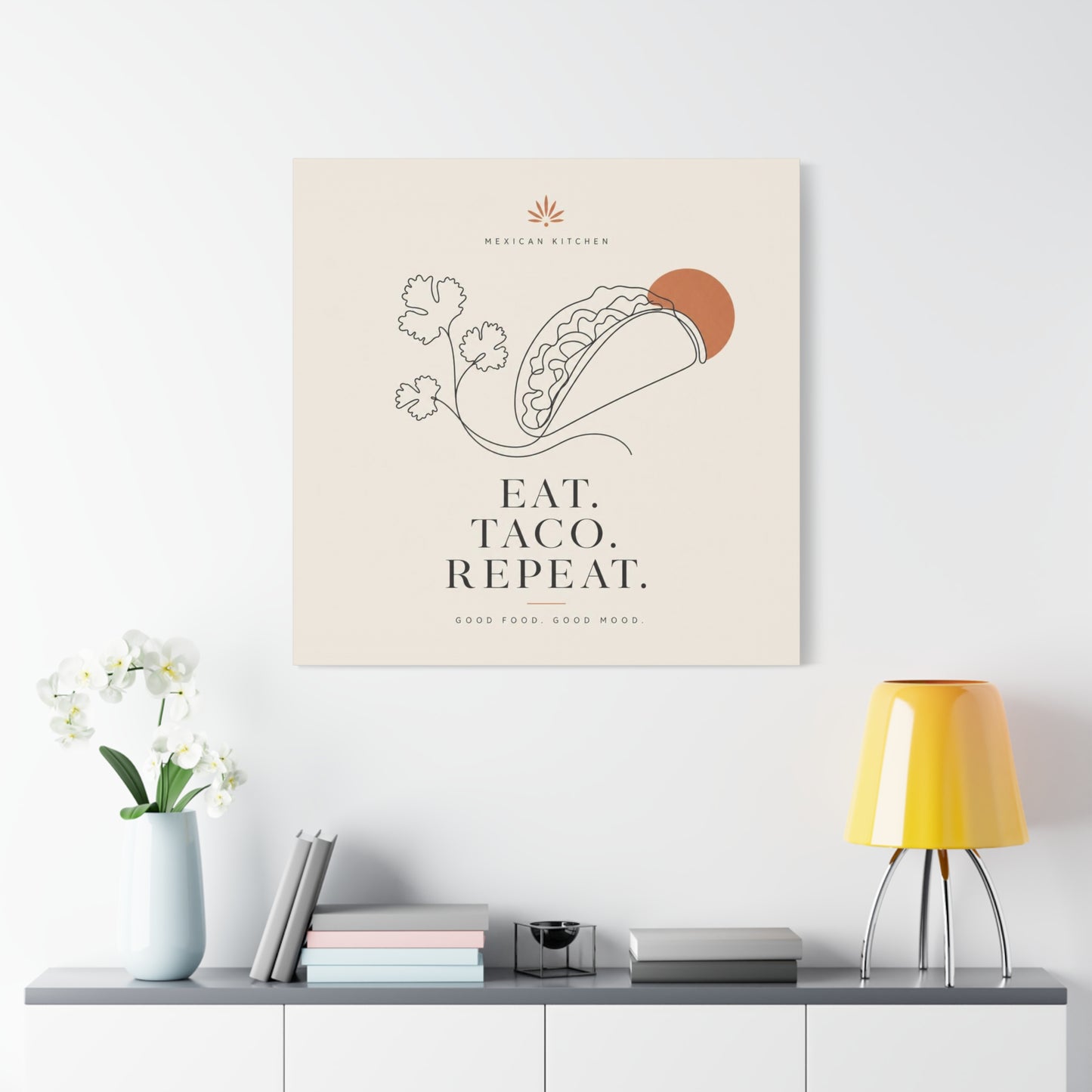 "Eat. Taco. Repeat." Mexican Kitchen Canvas Wall Art - Minimalist Taco Line Illustration, Terracotta Sun, Typography Print - Modern Kitchen Decor, Cafe Wall Decor, Dining Room Accent - Ready to Hang