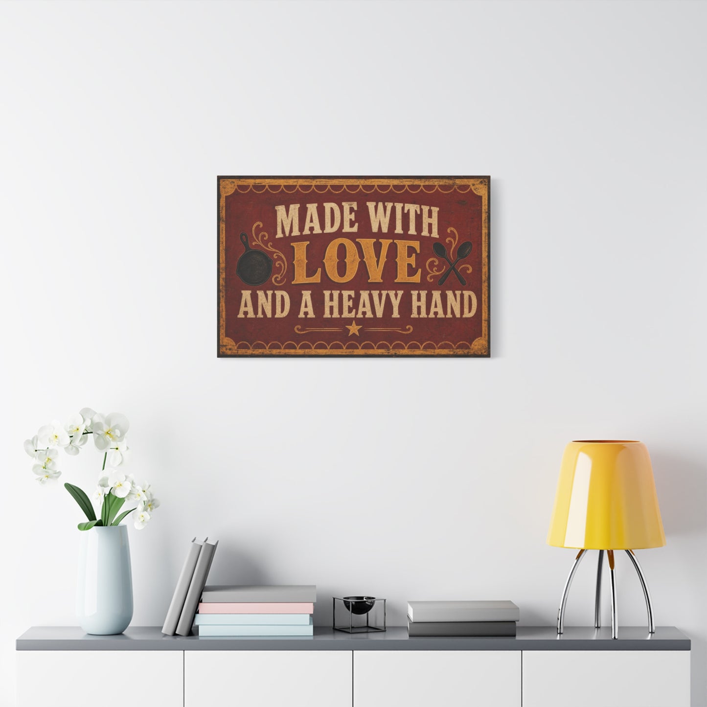 "Made With Love And A Heavy Hand" Kitchen Canvas Wall Art - Rustic Vintage Typography Print, Farmhouse Cooking Decor, Dining Room Wall Decor, Country Home Decoration - Ready to Hang - Ready to Hang