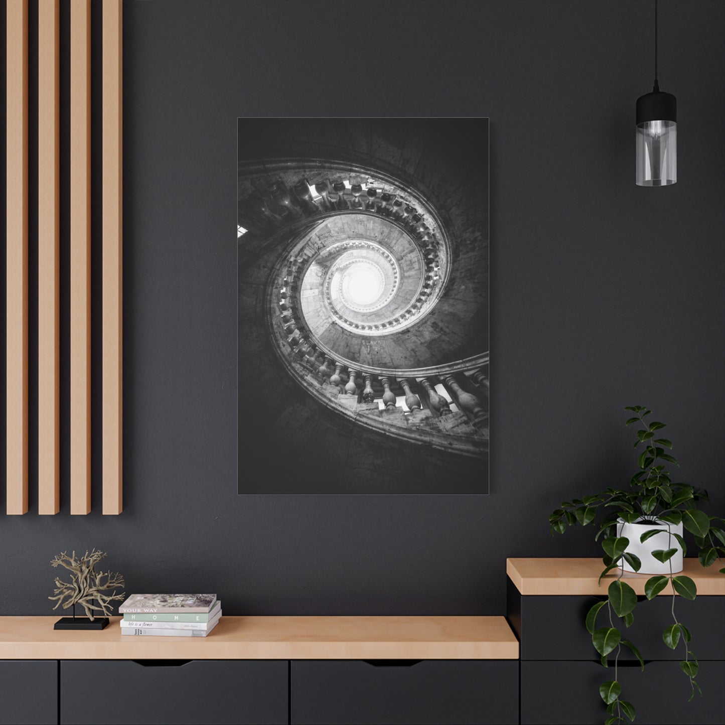 Spiral Staircase Canvas Wall Art - Black And White Architectural Art Print - Dramatic Stone Rotunda, Contemporary Interior Decor - Living Room Wall Decor, Office Art - Bedroom Home Decoration