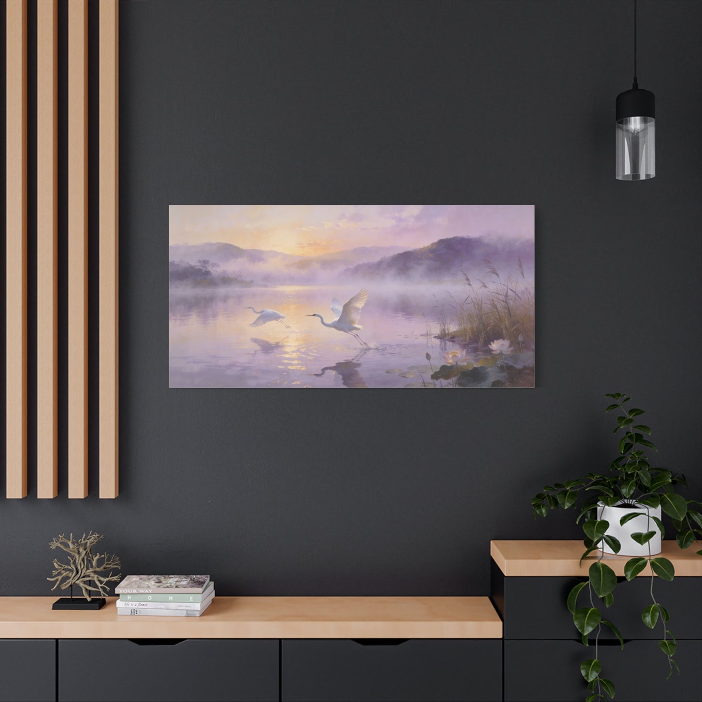 White Egret Canvas Wall Art - Misty Lake Sunrise Birds, Lotus Water Scene - Serene Impressionist Canvas Print - Bedroom Wall Decor, Living Room Home Decoration - Bedroom Home Decoration