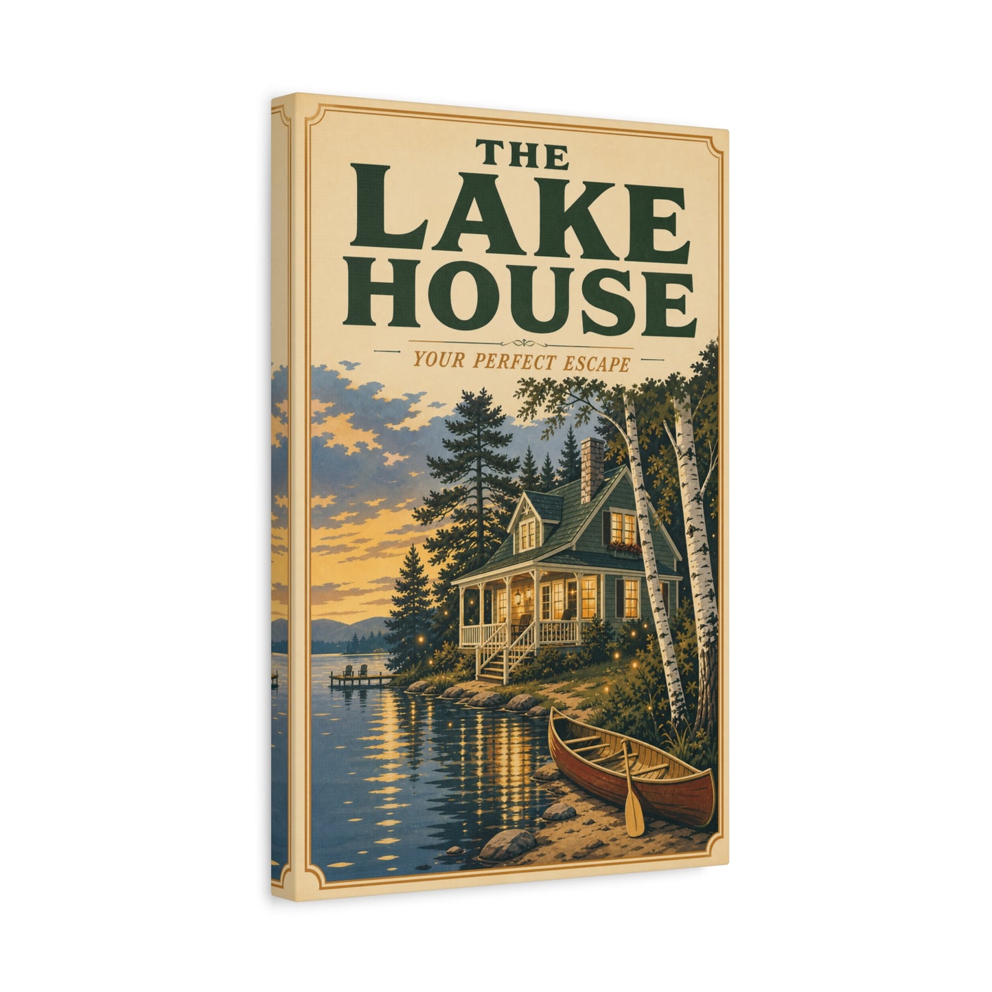 "The Lake House Your ideal Escape" Canvas Wall Art - Vintage Lakeside Cabin, Canoe And Birch Trees - Rustic Landscape Print - Living Room Wall Decor, Cabin Home Decoration - Bedroom Home Decoration
