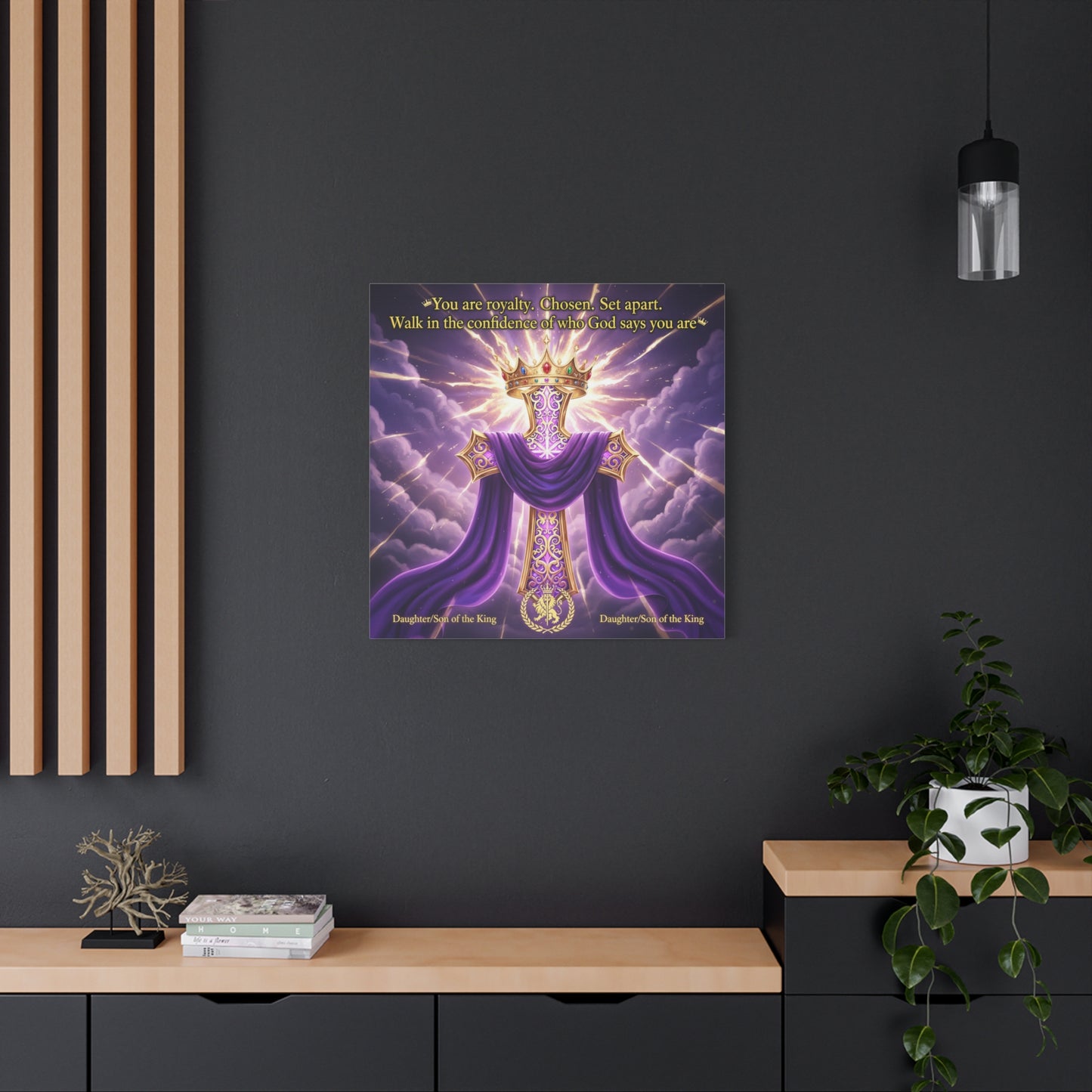 "You Are Royalty. Chosen. Set Apart." Christian Canvas Wall Art - Crowned Cross With Purple Draped Cloth, Daughter Son Of The King Quote - Religious Wall Decor For Bedroom, Office - Ready to Hang
