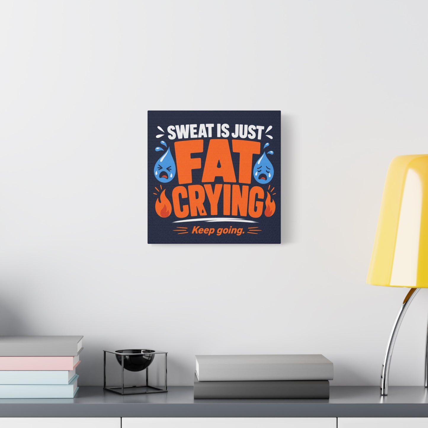 "Sweat Is Just Fat Crying Keep Going" Typography Canvas Wall Art - Funny Gym Motivation Quote Print, Navy Orange Blue Workout Decor - Modern Home Office Wall Decor - Ready to Hang - Ready to Hang