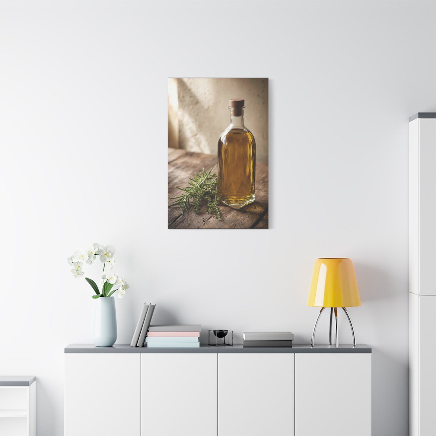 Olive Oil Bottle Canvas Wall Art - Rustic Kitchen Still Life, Rosemary Herb Art Print - Warm Neutral Farmhouse Style - Dining Room Wall Decor, Pantry Home Accent - Bedroom Home Decoration