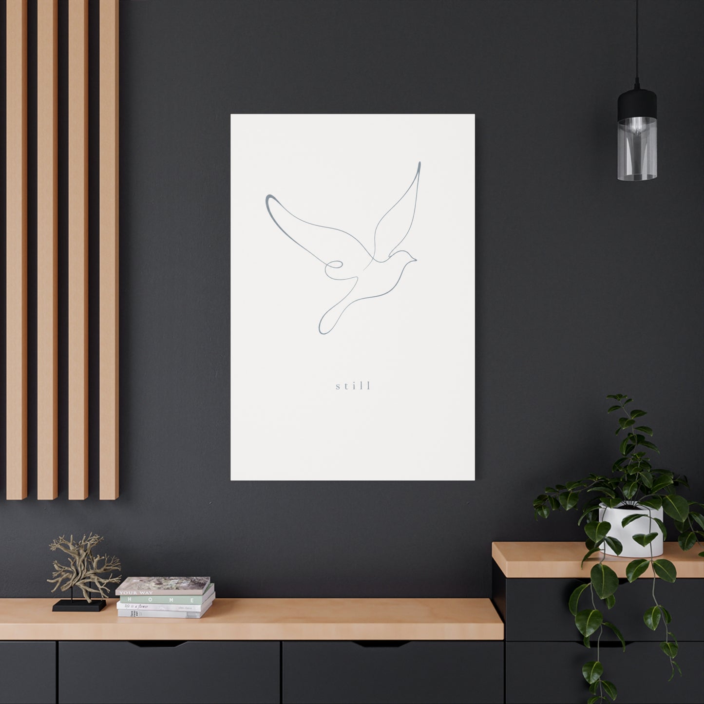 "Still" Dove Canvas Wall Art - Minimalist Line Drawing Bird Print, Calm Neutral Typography Decor - Modern Bedroom Home Decoration, Meditation Space Accent, Living Room Wall Decor - Ready to Hang