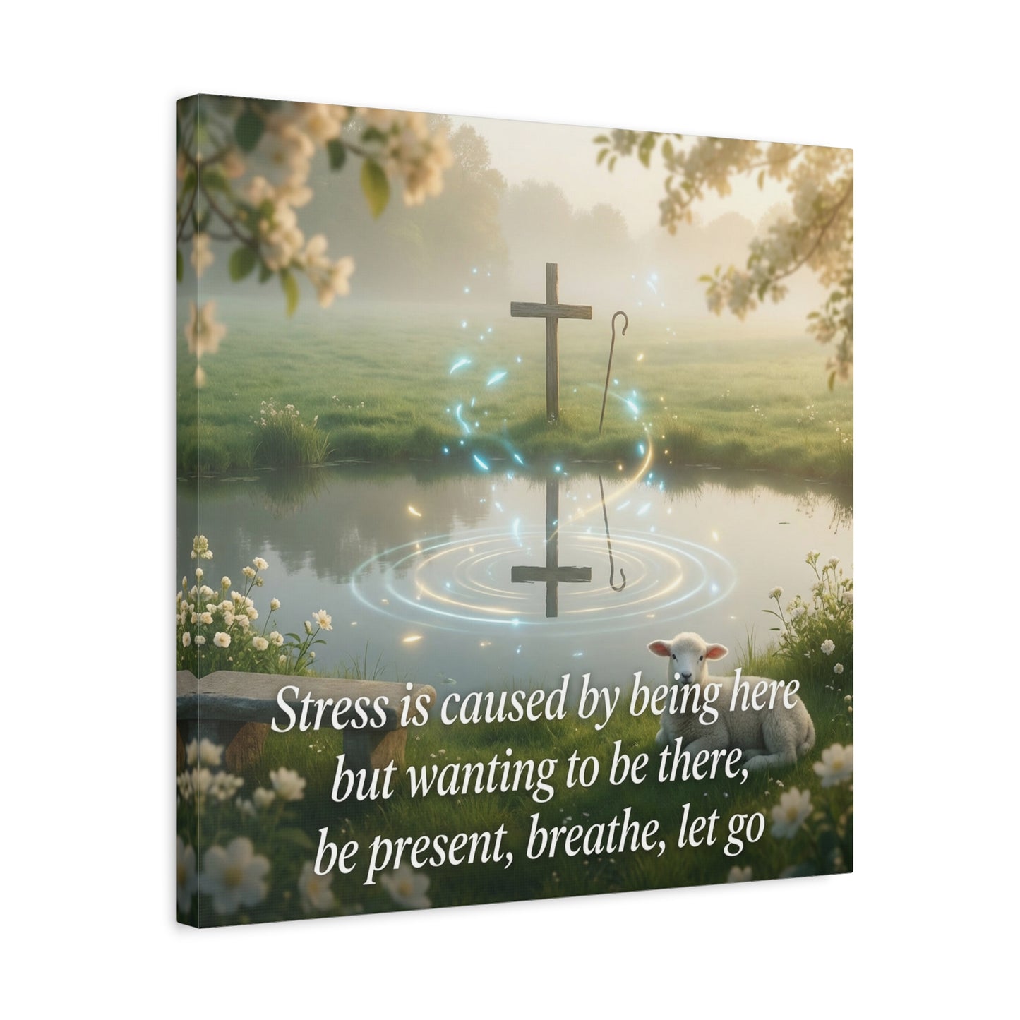 "Stress is caused by being here but wanting to be there, be present, breathe, let go" Cross Canvas Wall Art - Christian Inspirational Pond Scene - Traditional Style - Bedroom Wall Decor