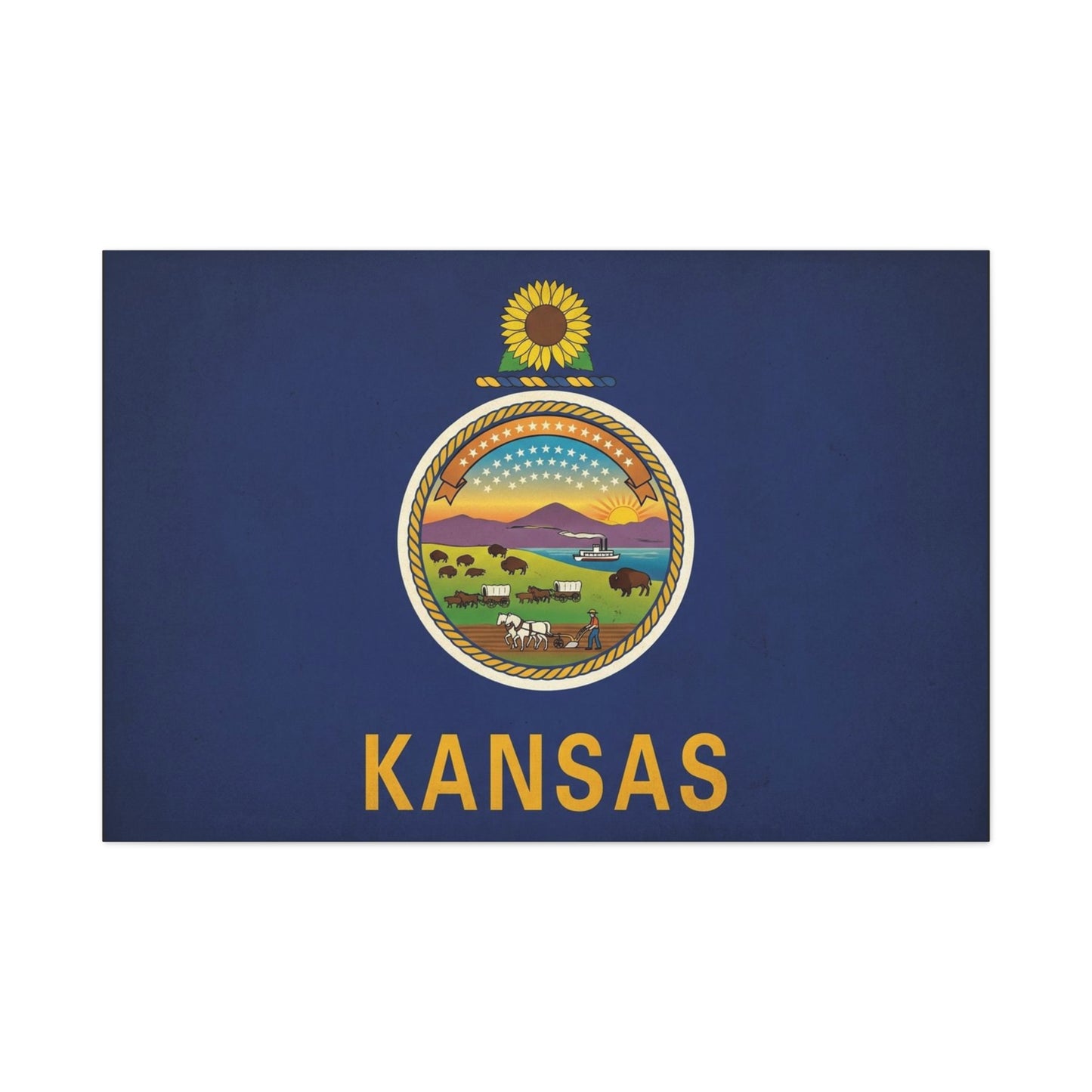 Kansas State Flag Canvas Wall Art - Sunflower Seal Prairie Buffalo Wagon Sunset Print - Vintage Blue Typography Decor - Living Room Wall Decor, Office Art, Dorm Accent - Bedroom Home Decoration