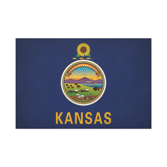Kansas State Flag Canvas Wall Art - Sunflower Seal Prairie Buffalo Wagon Sunset Print - Vintage Blue Typography Decor - Living Room Wall Decor, Office Art, Dorm Accent - Bedroom Home Decoration