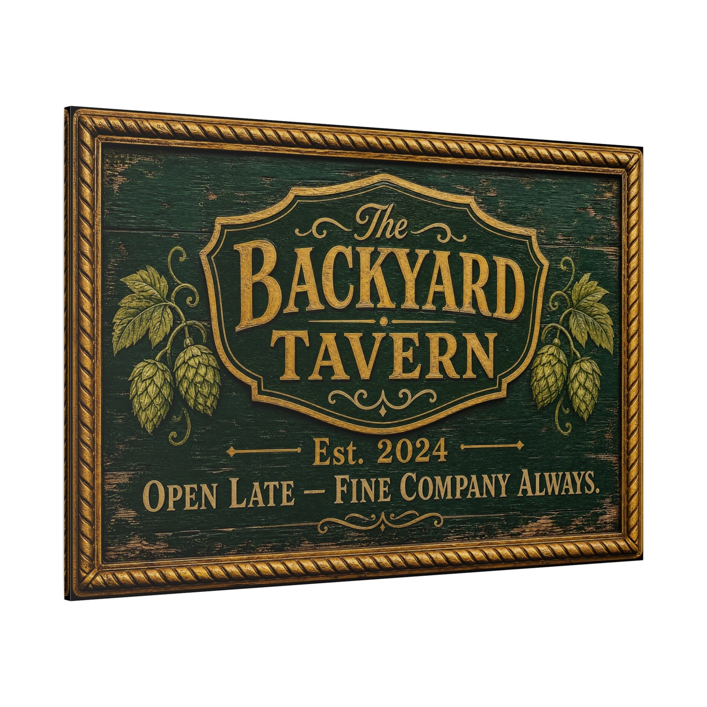 "The Backyard Tavern" Canvas Wall Art - Vintage Pub Sign, Rustic Typography Decor - Green And Gold Tavern Style Print, Bar Room Wall Decor - Ready to Hang - Ready to Hang - Speakeasy Style Sign
