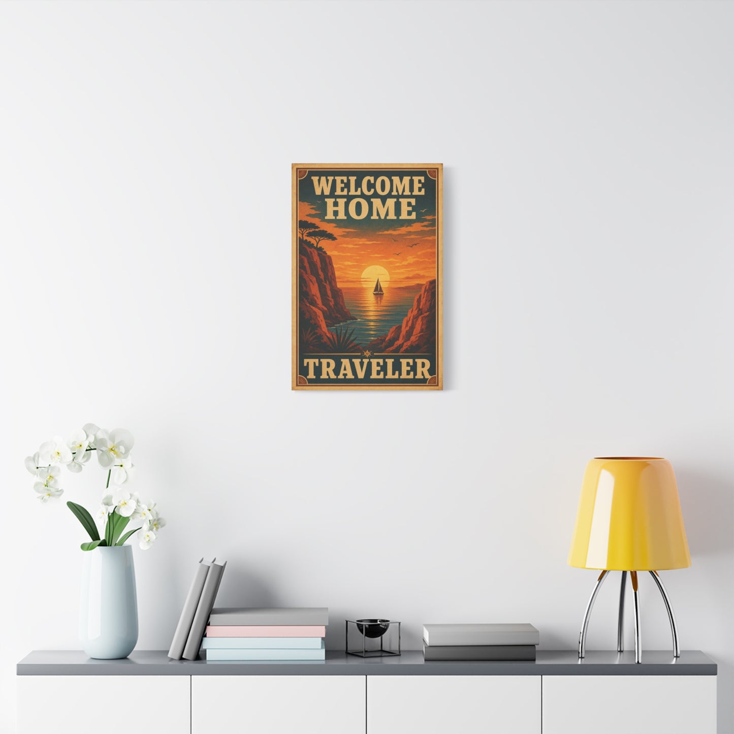 "Welcome Home Traveler" Vintage Coastal Canvas Wall Art - Sunset Sailboat Seascape Print - Retro Travel Poster Style - Living Room Wall Decor, Hallway Home Decoration - Modern Farmhouse Style