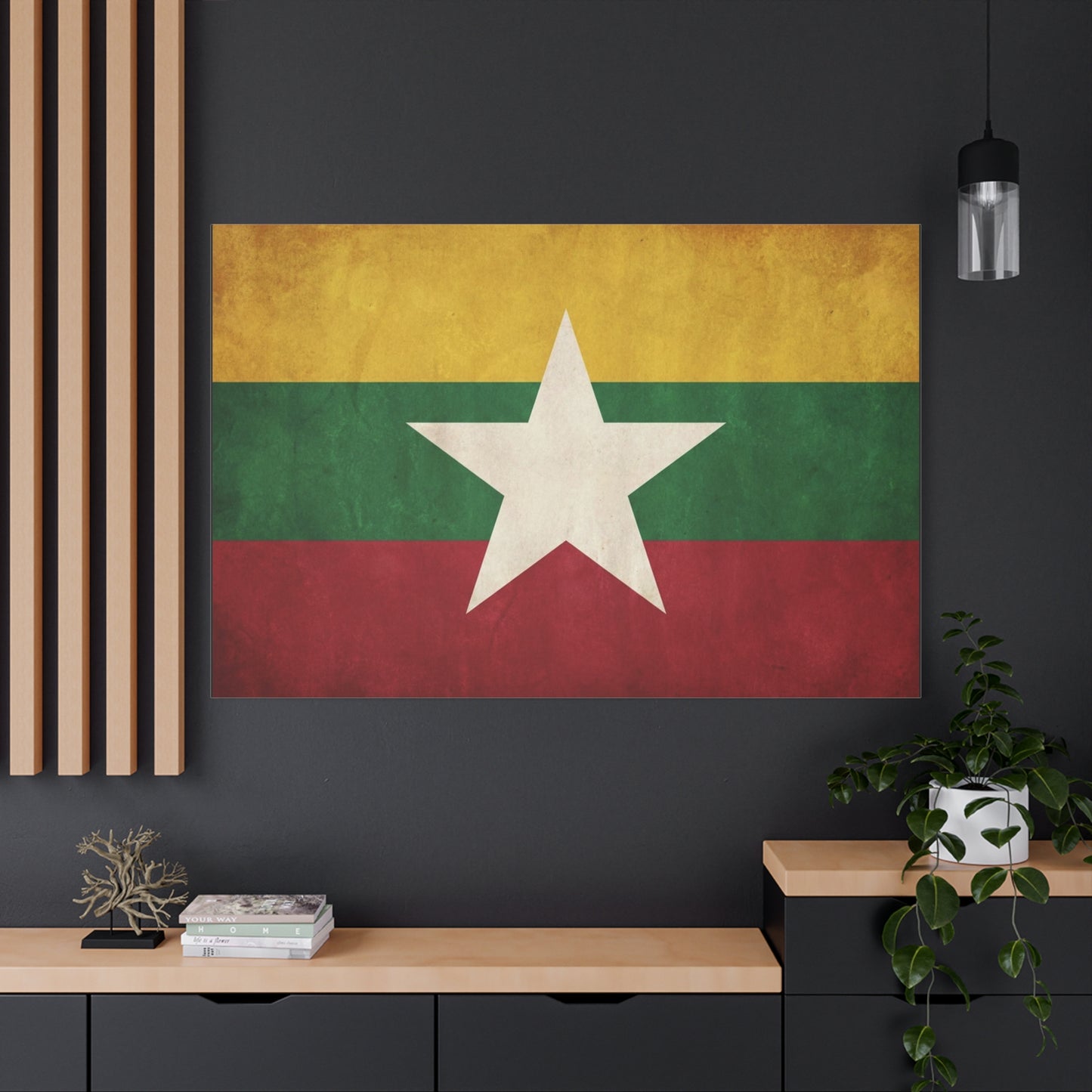 Myanmar Flag Canvas Wall Art - Vintage Burma Star Print, Patriotic Country Pride Decor - Distressed Tricolor Artwork - Living Room Wall Decor, Office Accent - Bedroom Home Decoration - Ready to Hang