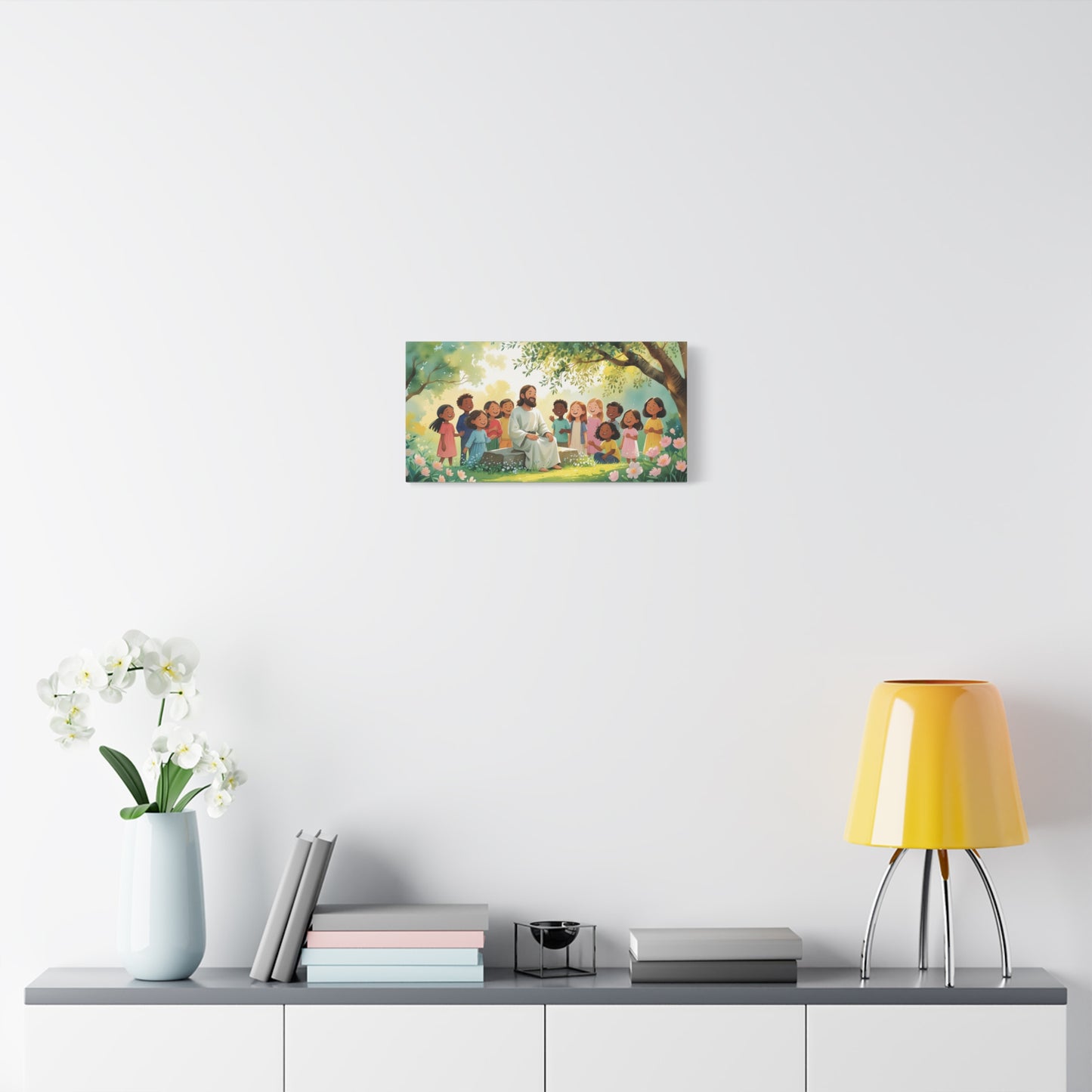 Jesus With Children Canvas Wall Art - Sunlit Garden Faith Illustration, Christian Nursery Decor, Matte Cotton Print, Traditional Style - Kids Room, Classroom, Living Room Wall Decor - Ready to Hang