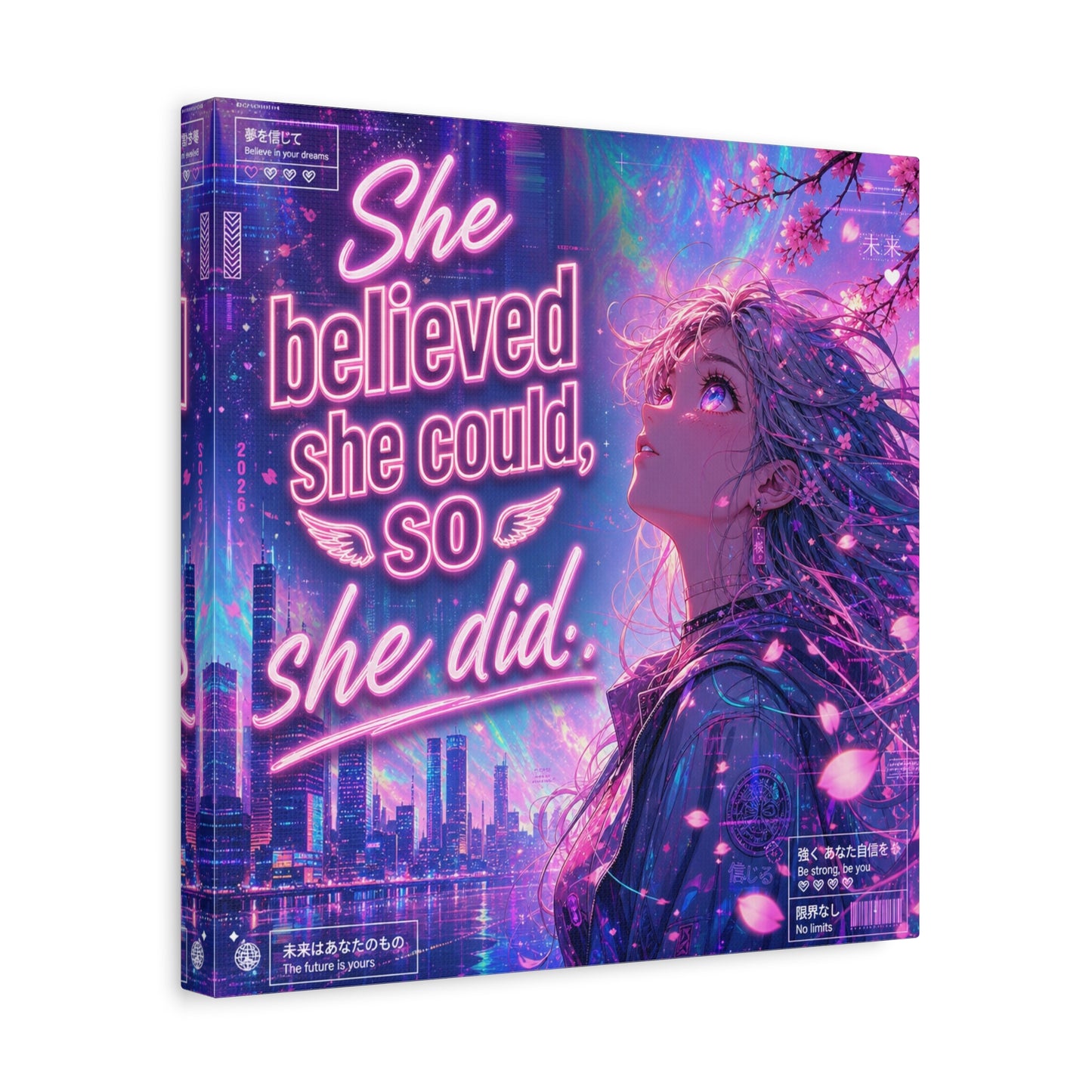 "She Believed She Could, So She Did" Anime Girl Canvas Wall Art - Neon Sakura Cityscape, Inspirational Typography Print - Contemporary Bedroom Wall Decor, Teenager Room Decor - Bedroom Home Decoration