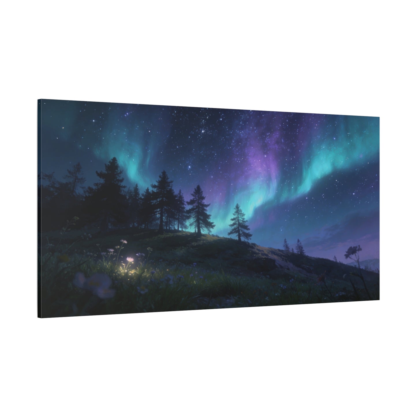 Northern Lights Canvas Wall Art - Aurora Borealis Night Sky Landscape Print, Starry Forest Meadow, Calming Contemporary Decor - Living Room Wall Decor, Bedroom Home Decoration - Modern Farmhouse Style